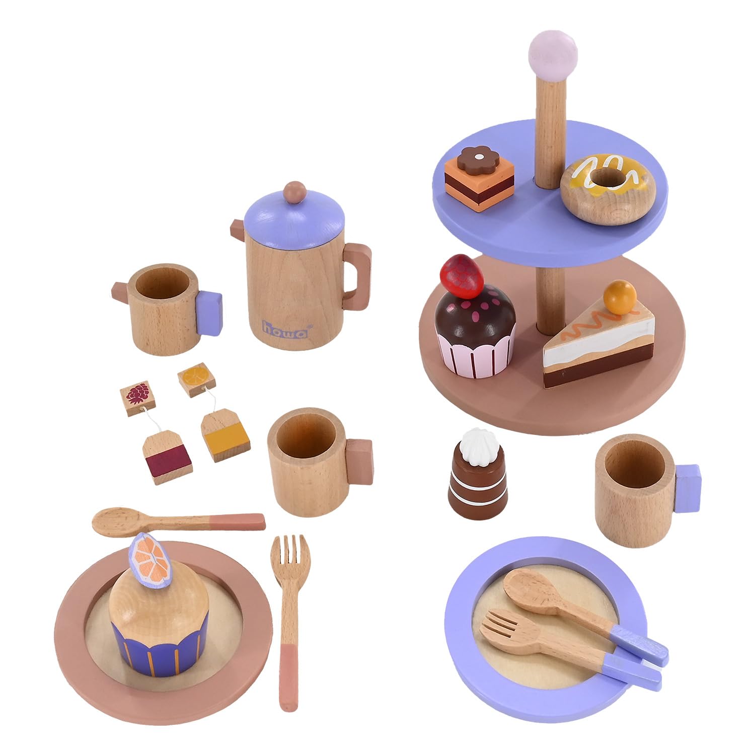 howa 19-Piece Wooden Coffee Service and Tea Set for Children with Stand 6 Treats, Teapot, Milk Jug, Cups, Tea Bags, Plates