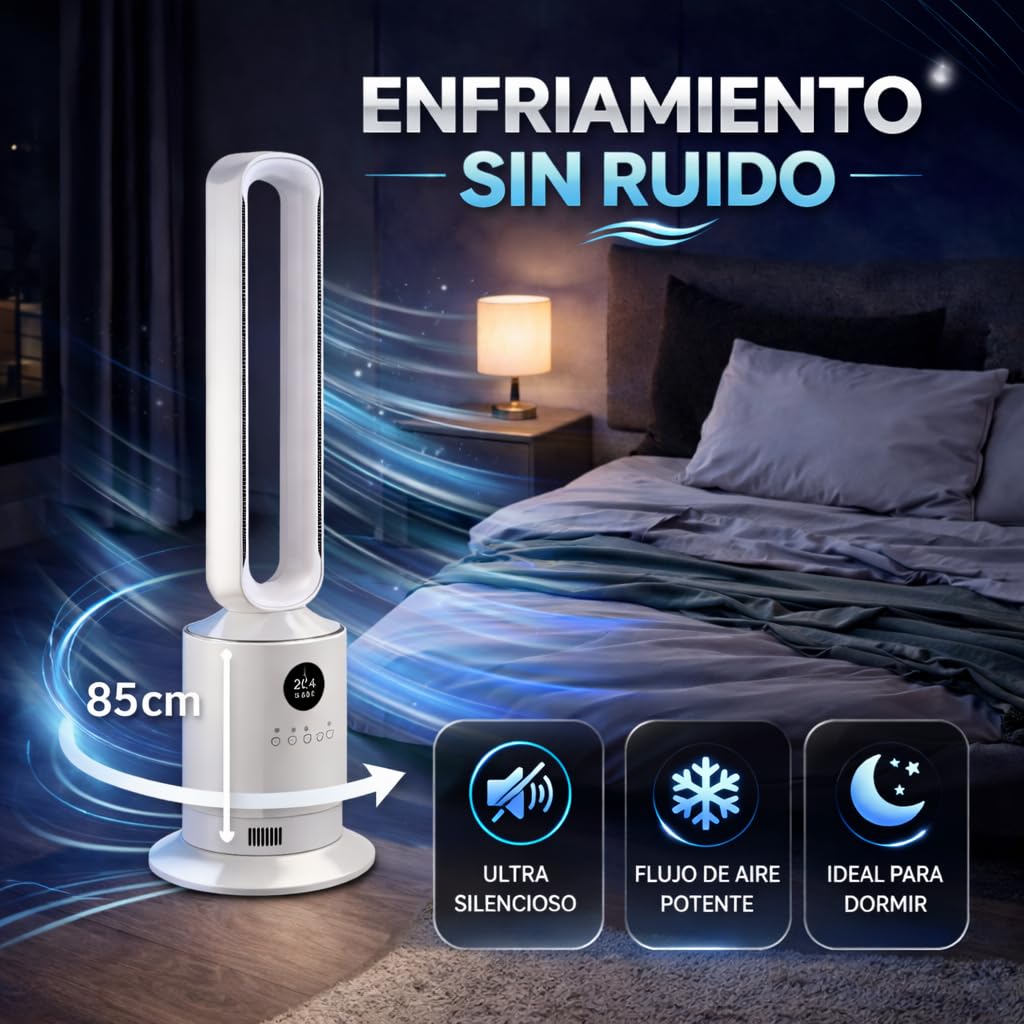 Max Star - Ventilador de Torre sin Aspas 50W con Pantalla LED de Temperatura, Silencioso con Mando a Distancia, 3 Velocidades, Oscilación 80°, Temporizador 12H, 85 cm de Altura para Hogar y Oficina