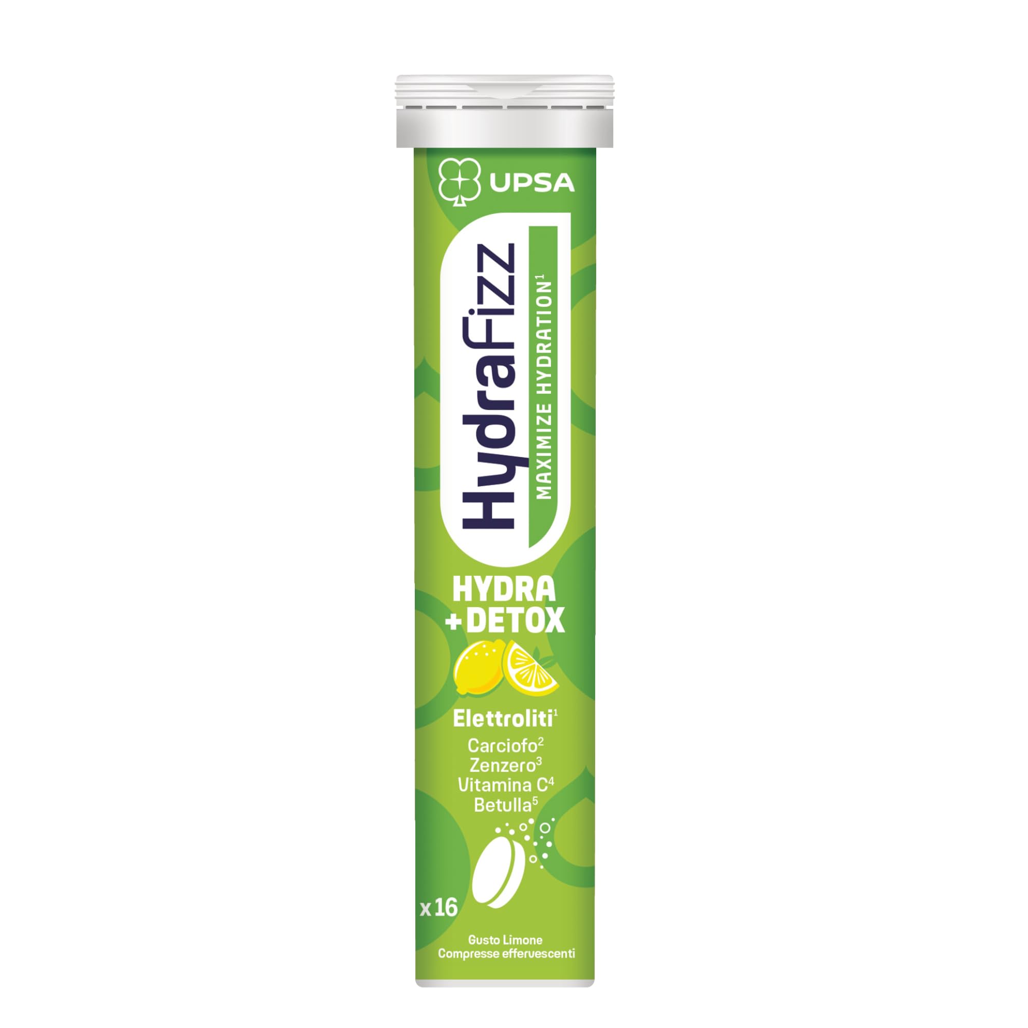 UPSA Hydrafizz Detox, 16 Compresse Effervescenti, Integratore Alimentare con Elettroliti, Carciofo e Zenzero, Gusto Limone, Idratazione e Depurazione, aiuta a ridurre Stanchezza