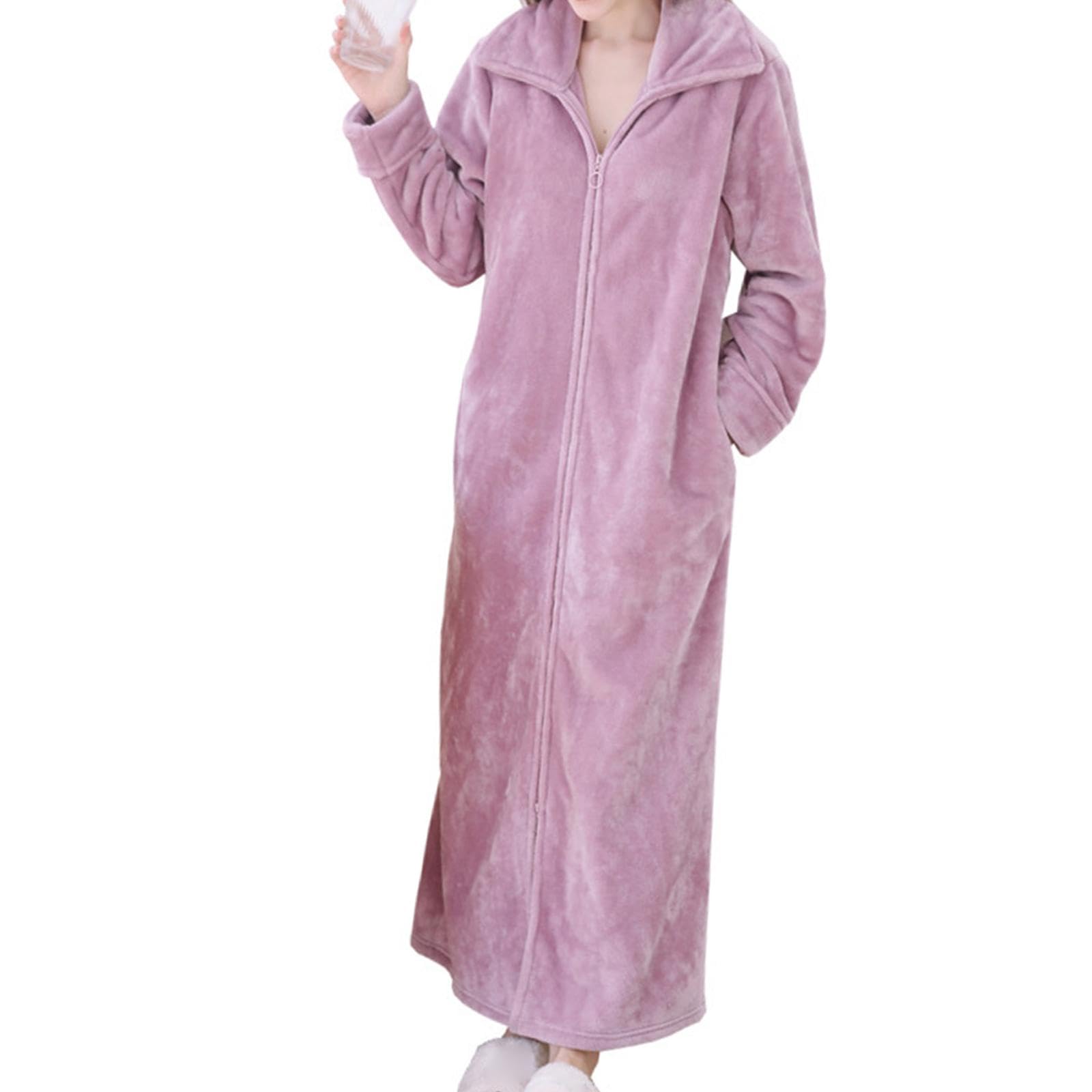 Wearable Blanket Sweatshirt Long Zipper Front Nightgown Thick Onesie Pajamas Women Purple XL-image-40