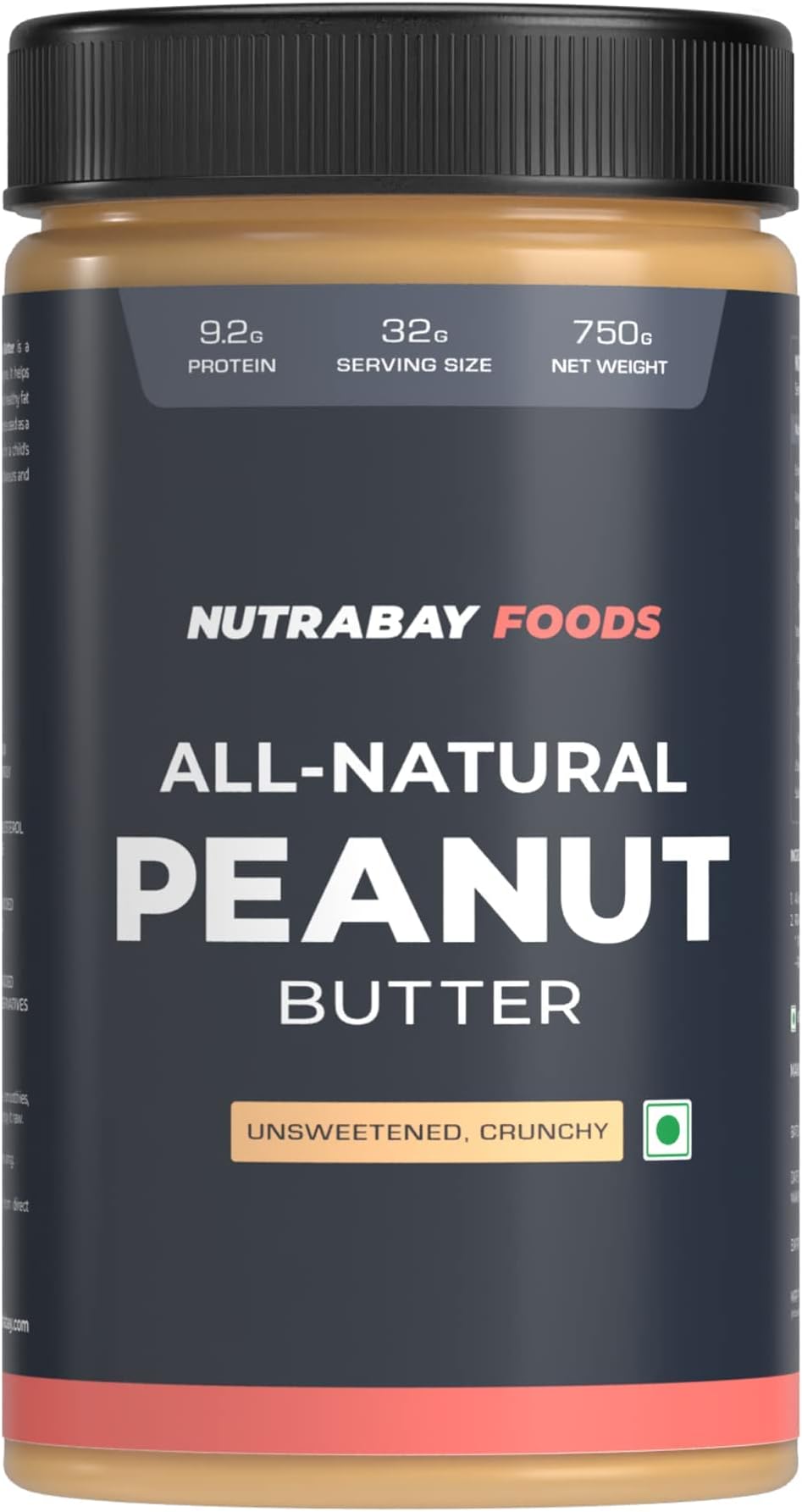 Nutrabay Foods All-Natural Peanut Butter (Crunchy) - Unsweetened, 750g | 100% Roasted Peanuts, 28g Protein, Zero Cholesterol, Vegan, Gluten Free, Non GMO