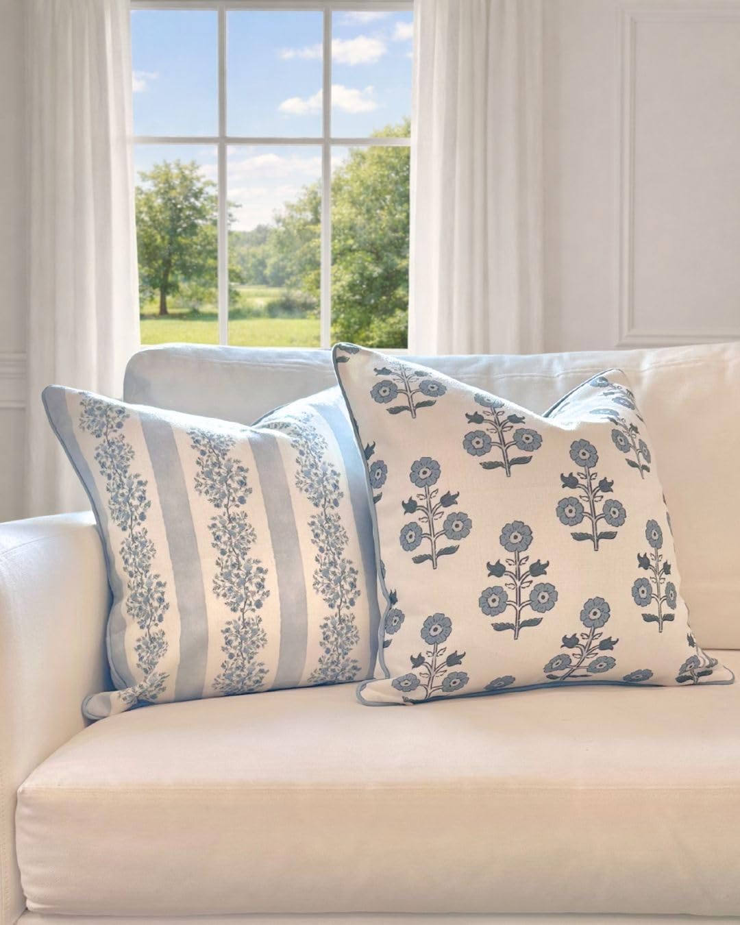 Jillien Harbor "The Stella” Floral Block Print Pillow Cover – Blue & White Decorative Throw Pillow Cover with White Background – Grandmillennial Home Decor, 20" x 20"