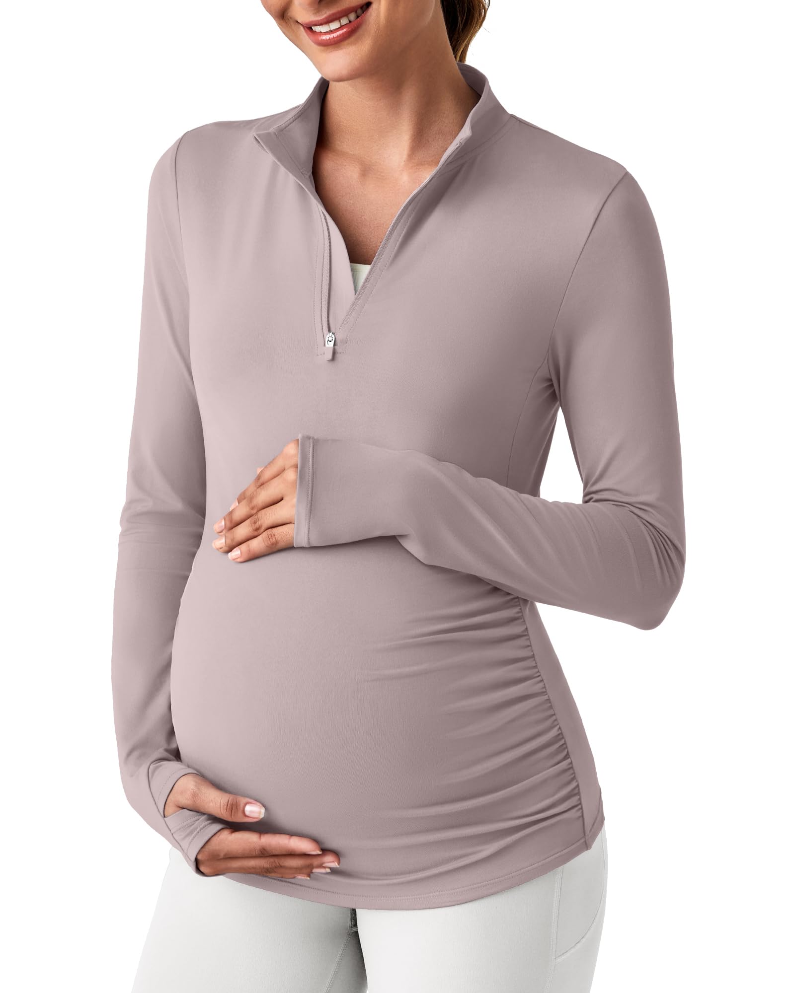 G4Free Lightweight Maternity Long Sleeve Workout Tops UPF 50 Rash Guard Half Zip Sun Shirts Ruches Pregnancy Pullover