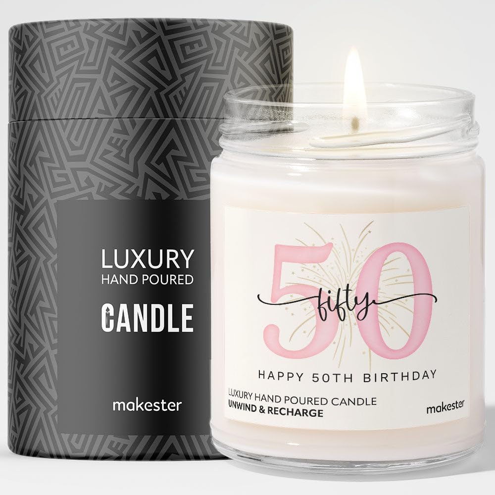 50th Birthday Gifts - Luxury Soy Wax Candle - Vanilla, Jasmine, Sugared Almond - Makester