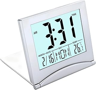 Digitaluhr LCD Reisewecker Klappbar, Kleiner Digitaler Reisewecker mit Hintergrundbeleuchtung Batteriebetriebener 12/24H Digitale Uhr mit Tages Datums und Temperaturanzeige für Schlafzimmer Büro