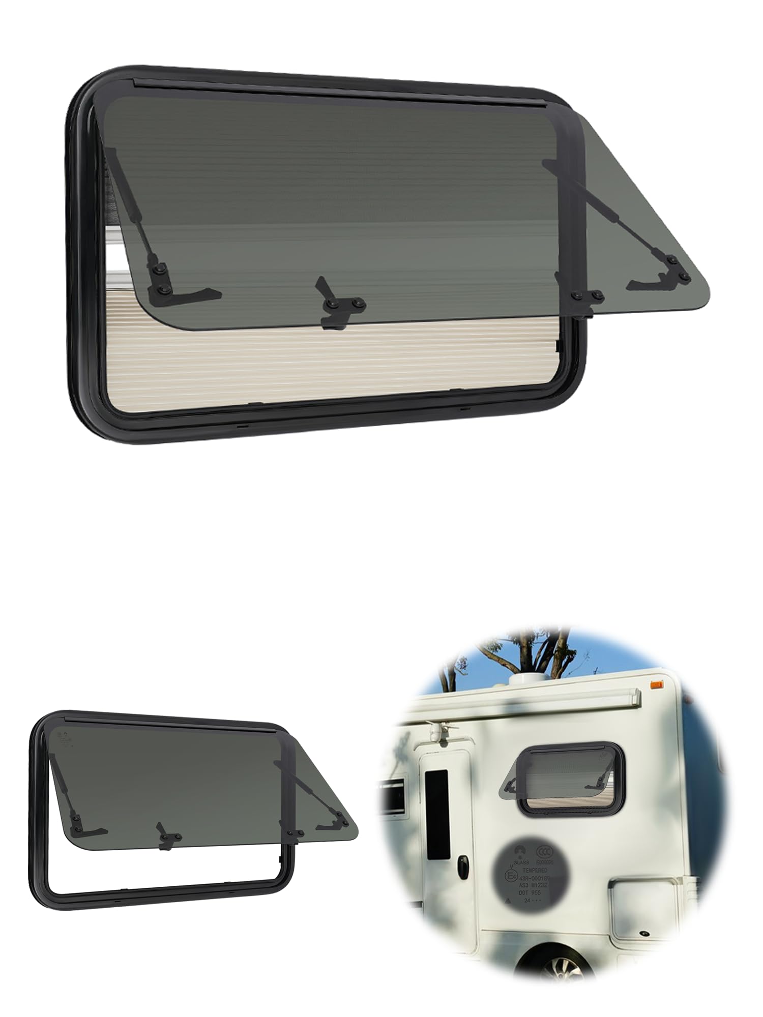 Wohnwagen Fenster 800x500 mm Wohnmobilfenster 85° Ausstellfenster Camper E4 Wohnmobil Fenster mit fliegengitter und integriertem Rollo, Wohnmobil Seitenfenster RV Externes Push Fenster