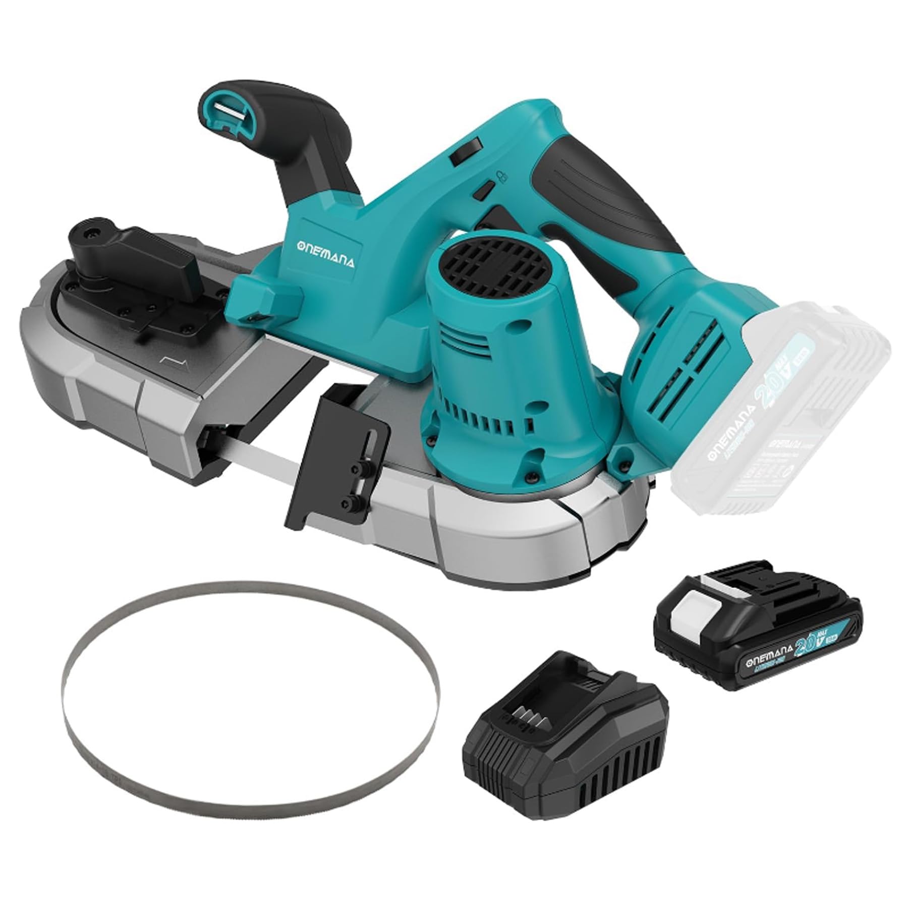 Sega a Nastro Portatile 2.5 Pollici, ONEMANA Sierra de Banda a Bateria per Makita con LED 6 Impostazioni di Velocità Nessuna Scintilla Calda Durante il Taglio del Metallo (con Batteria)