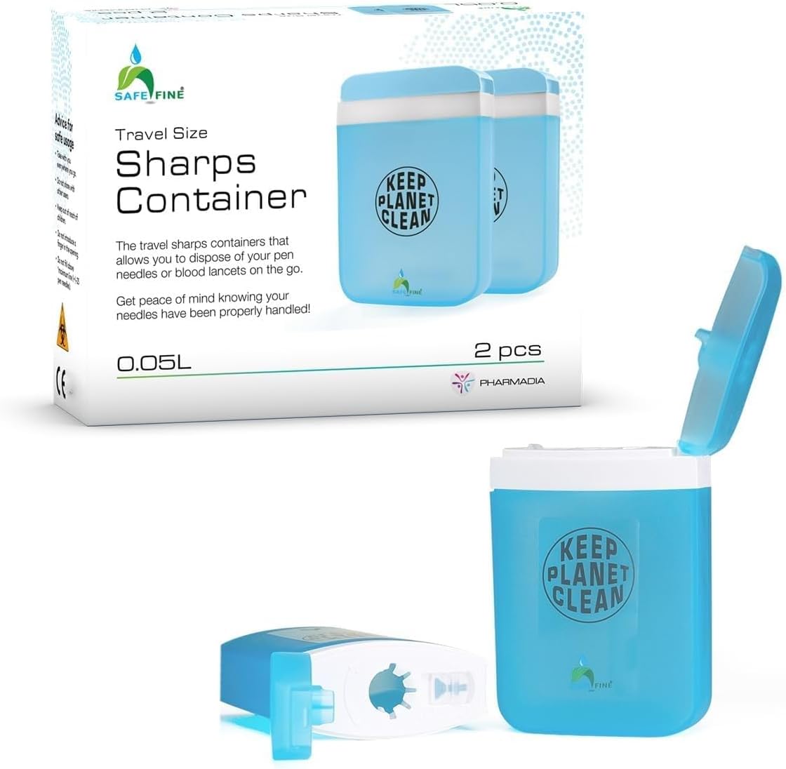 Travel Size Sharps Disposal Container for Diabetic Pen Needles, Blood Lancets and Test Strips - Compact Size Sharps Bin for Travel and Daily Personal Use - 2 Pieces Multiple use Pack