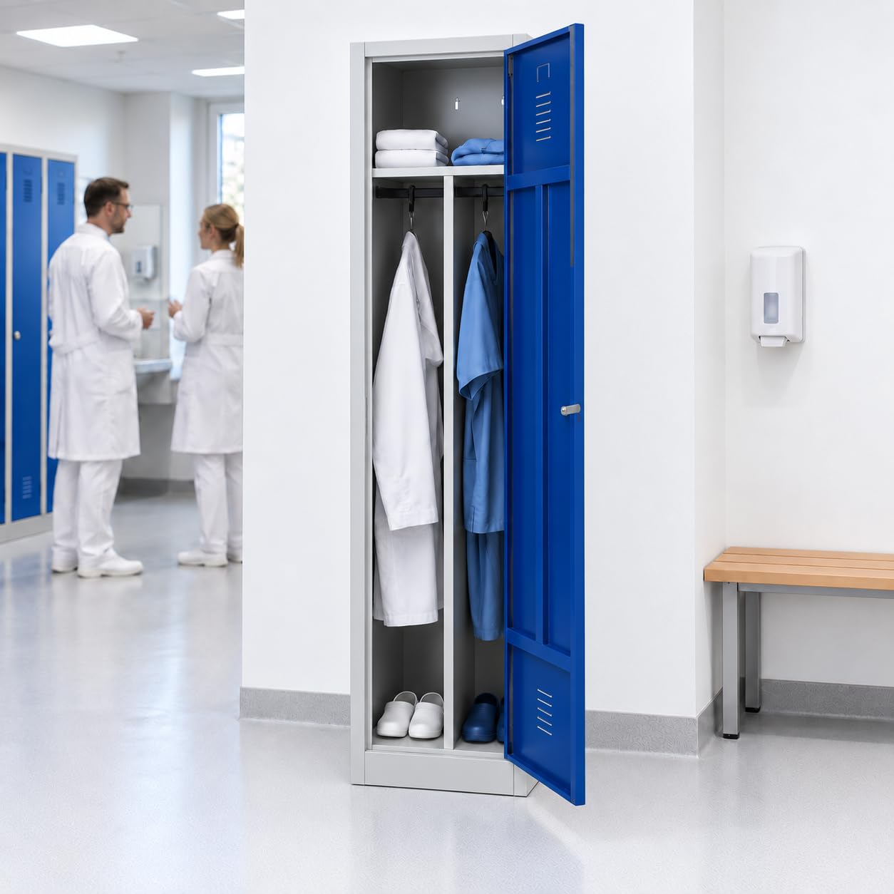 Schrank & Stuhl Spind – Metallspind mit einem Abteil in 180 x 41,5 x 50 cm, inkl. Hutboden, Trennwand und Zylinderschloss, Lieferung komplett montiert, Grau/Blau