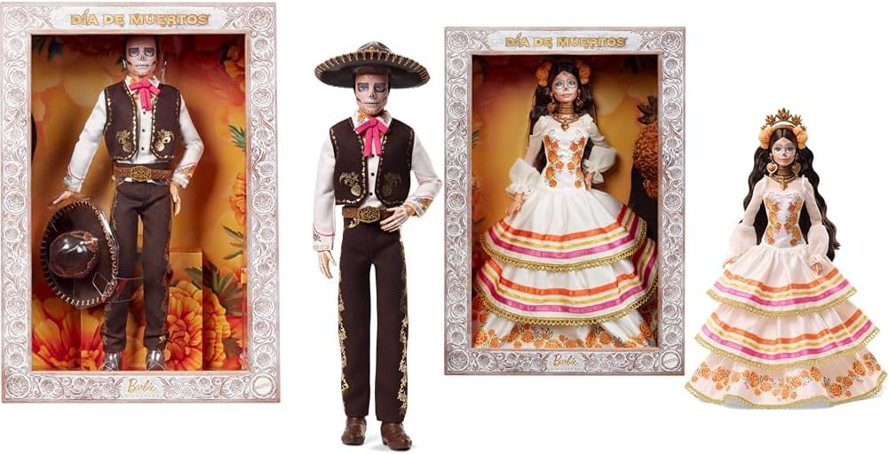 Bundle of Barbie Signature Ken Doll, Día De Muertos 2025 with Black Vest and Trousers, Sombrero + Barbie Signature Doll, Día De Muertos 2025 in Ruffled Gown with Marigolds and Ribbon, Flower Crown