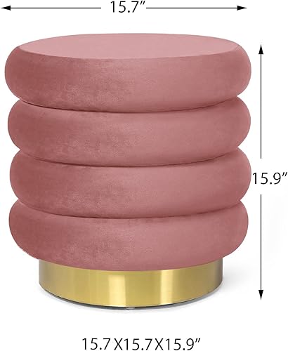 Miniatura 3 de Homebeez Taburete otomano redondo de terciopelo para sala de maquillaje, reposapiés pequeño con base dorada, rosa