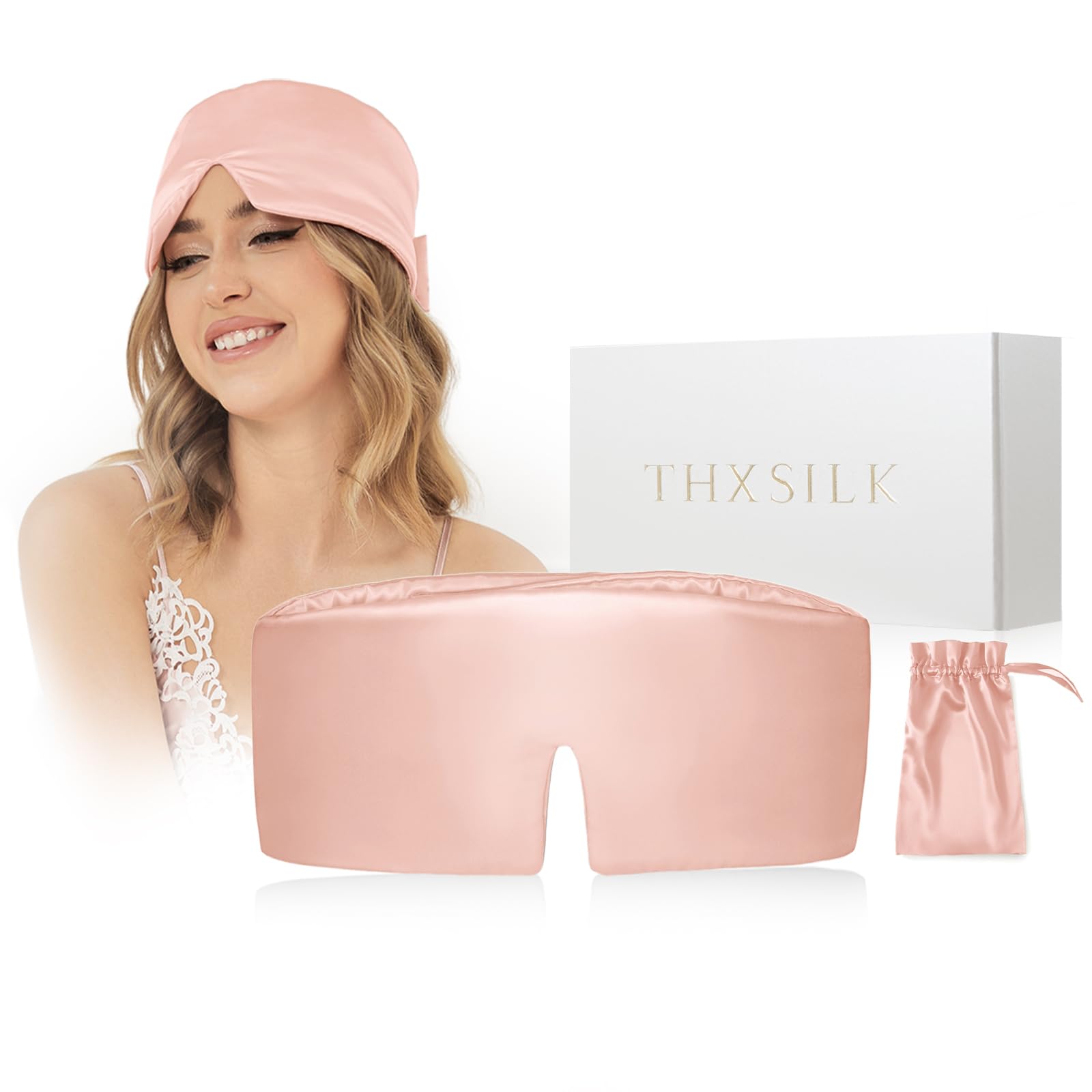 THXSILK 6A+ Grade 22 Momme Silk Sleep Mask, 100% Mulberry Blackout Eye Mask for Sleeping, Large Size Silk Eye Cover for Women, Men, Travel, Nap,