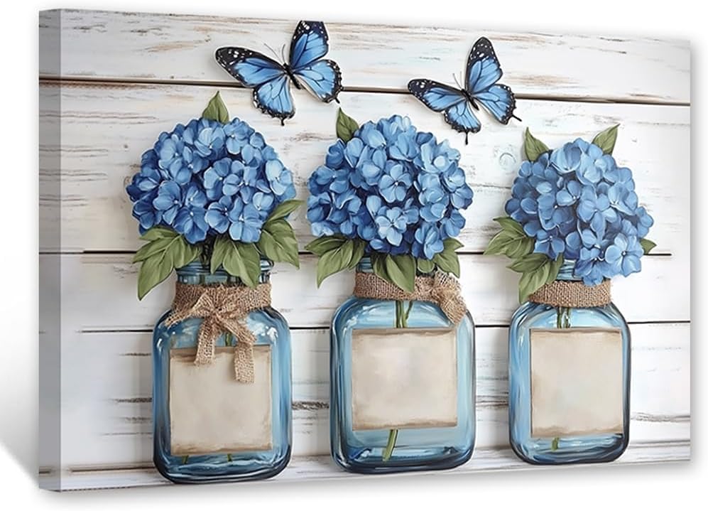 PBXBJY Hydrangea Canvas Wall Art Rustic Floral Pictures White Hydrangea Painting Print Vintage Flower Poster Country Bedroom Office Decor Framed (20.00" x 30.00")