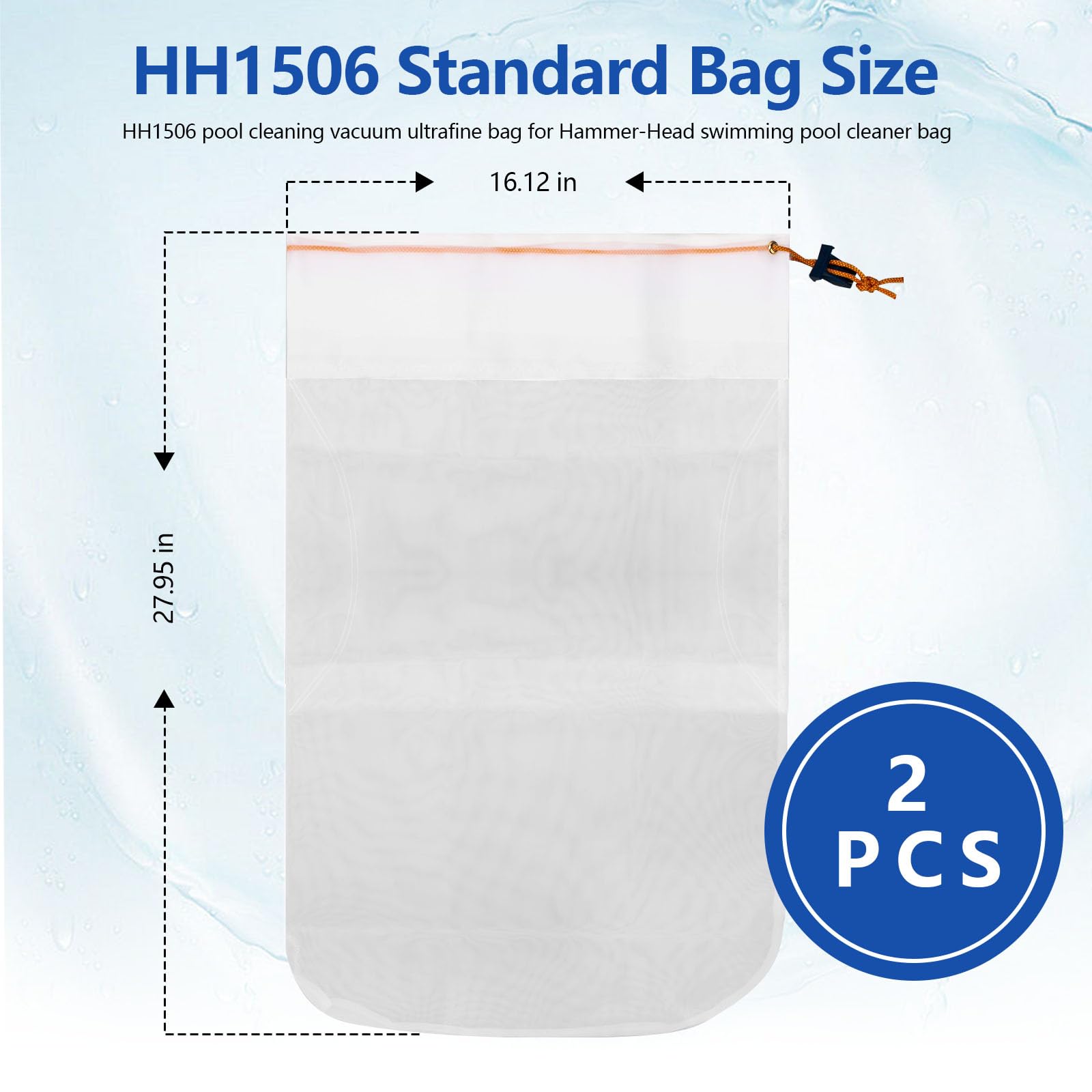 HH1506COMP - Bolsa estándar para limpiador de piscinas con cabeza de martillo, bolsa estándar de limpieza de piscina, bolsa estándar de repuesto de 100 micras con taco, paquete de 2