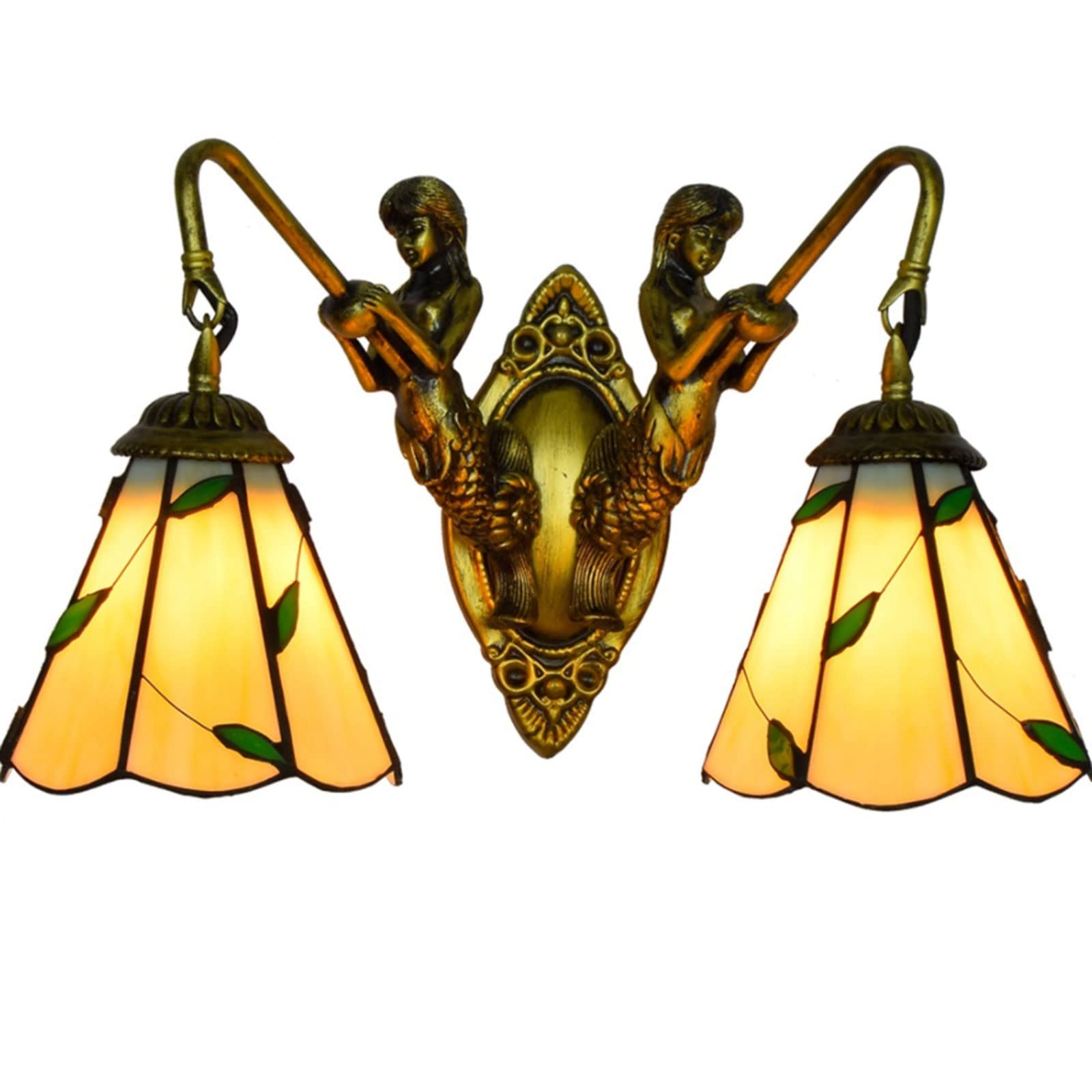 HYJAUSXB Wall Lamps Sconces Retro Mermaid Corridor Double-Headed Lamp Colorful Glass Pastoral Leaves European-Style