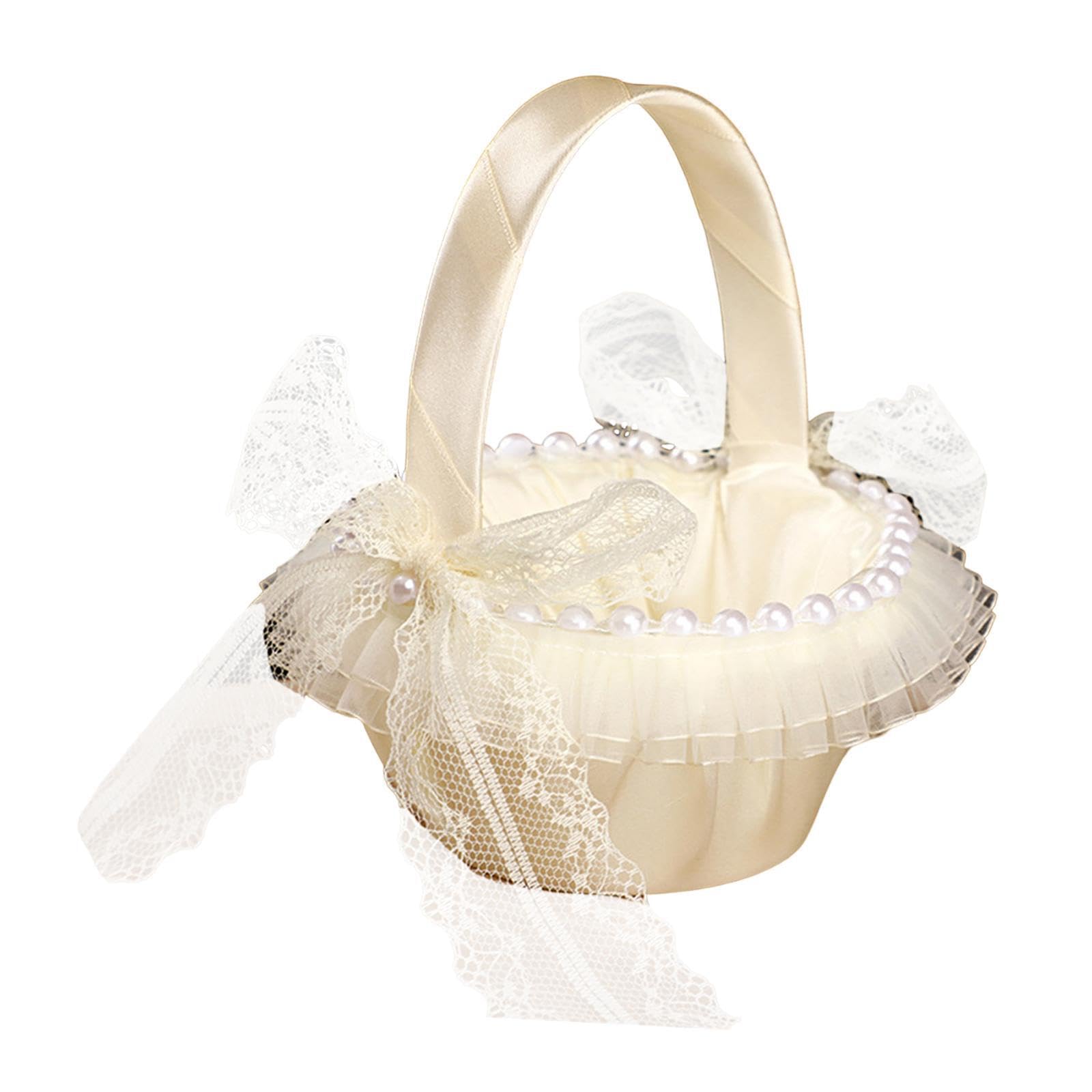 TWISAXC Heart Shape Bowknot Satin Wedding Flower Basket Romantic Ceremony Flower Girl Supplies And Centerpiece Elegant Lace Basket Ceremony Decoration, Style B