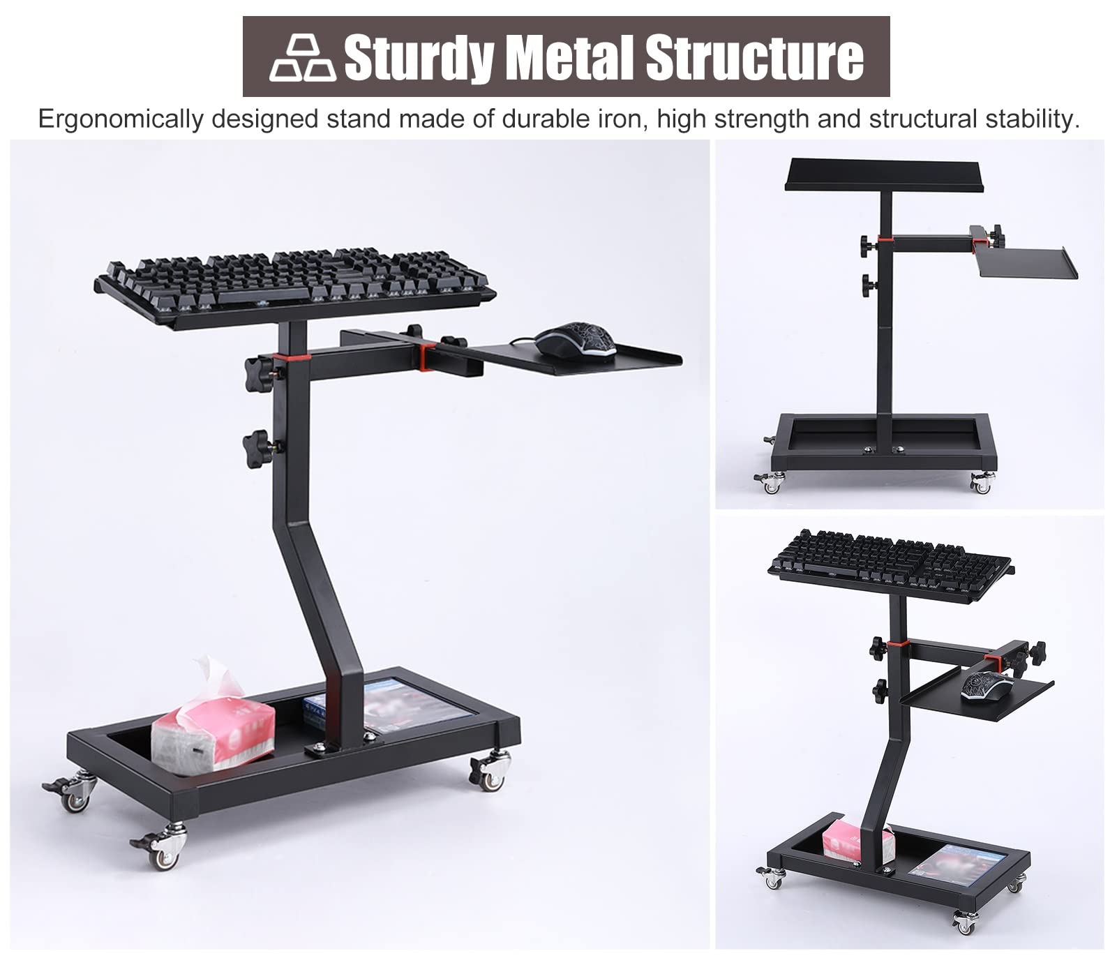 Bandeja De Soporte para Teclado Y Ratón, Escritorio De Pie De Altura Ajustable con 4 Ruedas, Soporte para Teclado De Carreras con Ruedas, Fácil De Mover Y Montar,