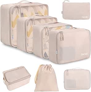 BAGAIL 8 Set Packing Cubes, Lightweight Travel Luggage Organizers with Shoe Bag, Toiletry Bag &amp; Laundry Bag (Cream)