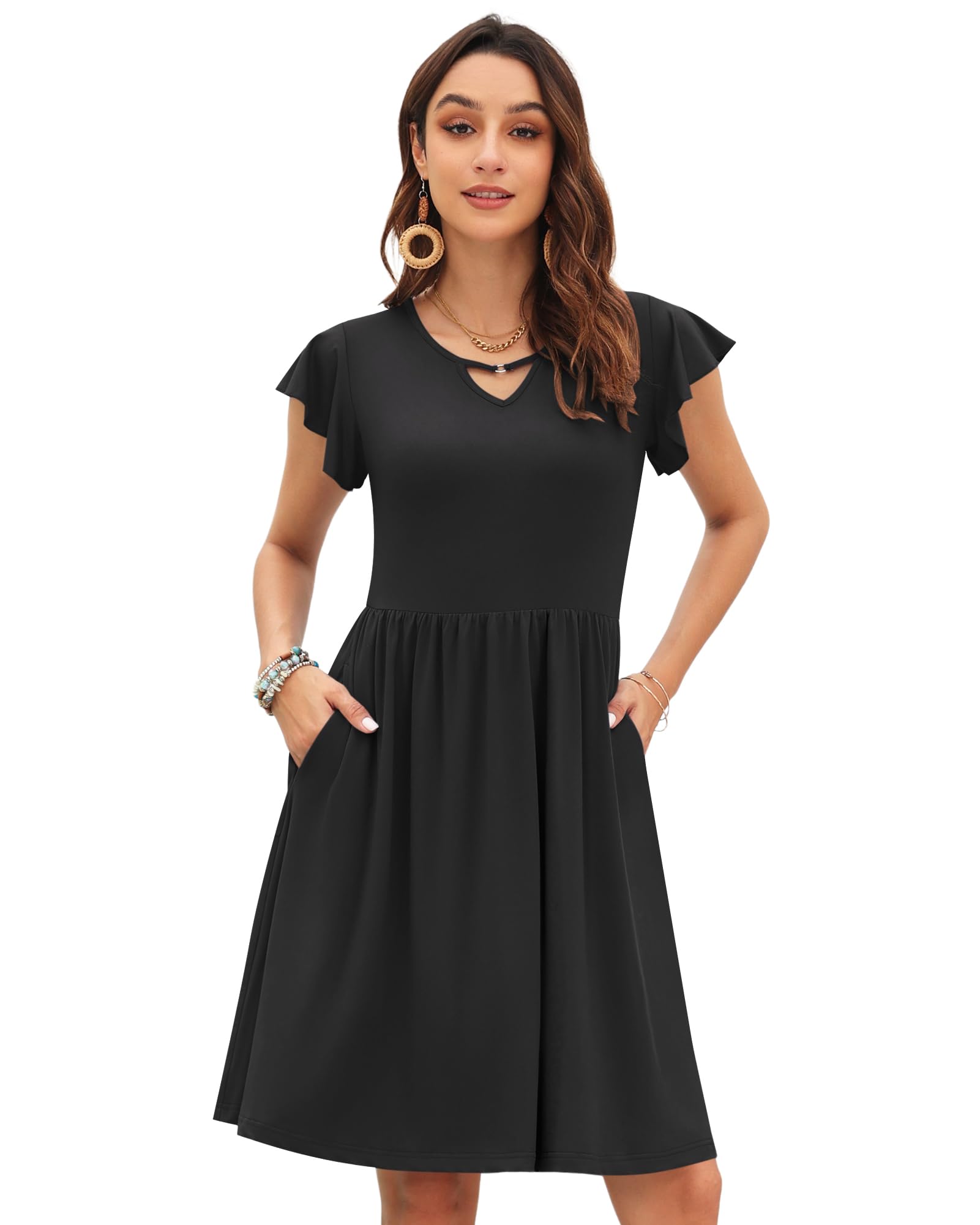 PLOKNRD Femme Robes D'été Col en V Décontractée à Manches Volantées Robe pour Femme Chic et élégante avec Poches