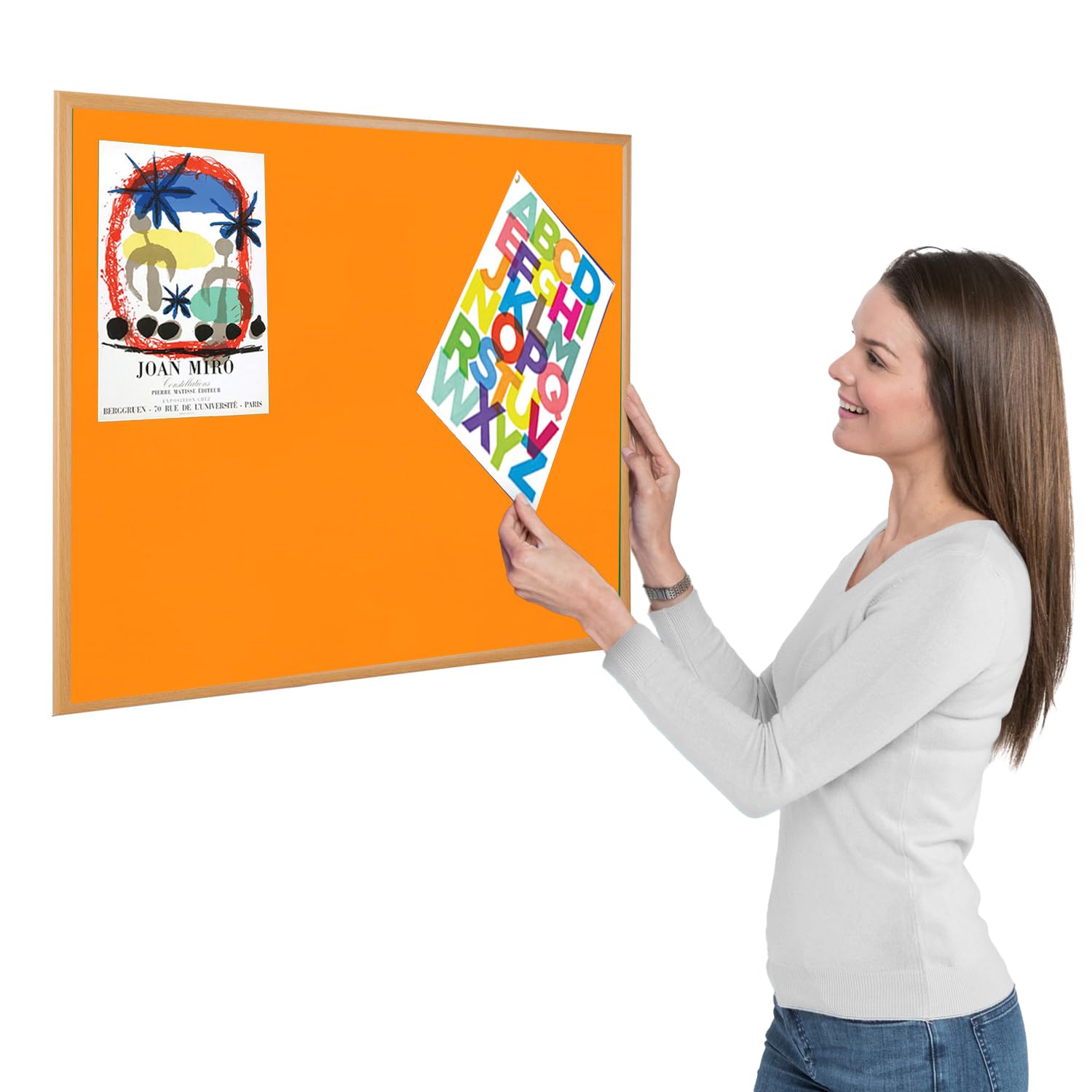 Metroplan Eco-Friendly Orange Loop Nylon Noticeboard, 90 x 60 cm, Light Oak Wooden Frame Pinboard - Ideal for Office, School, Healthcare Displays
