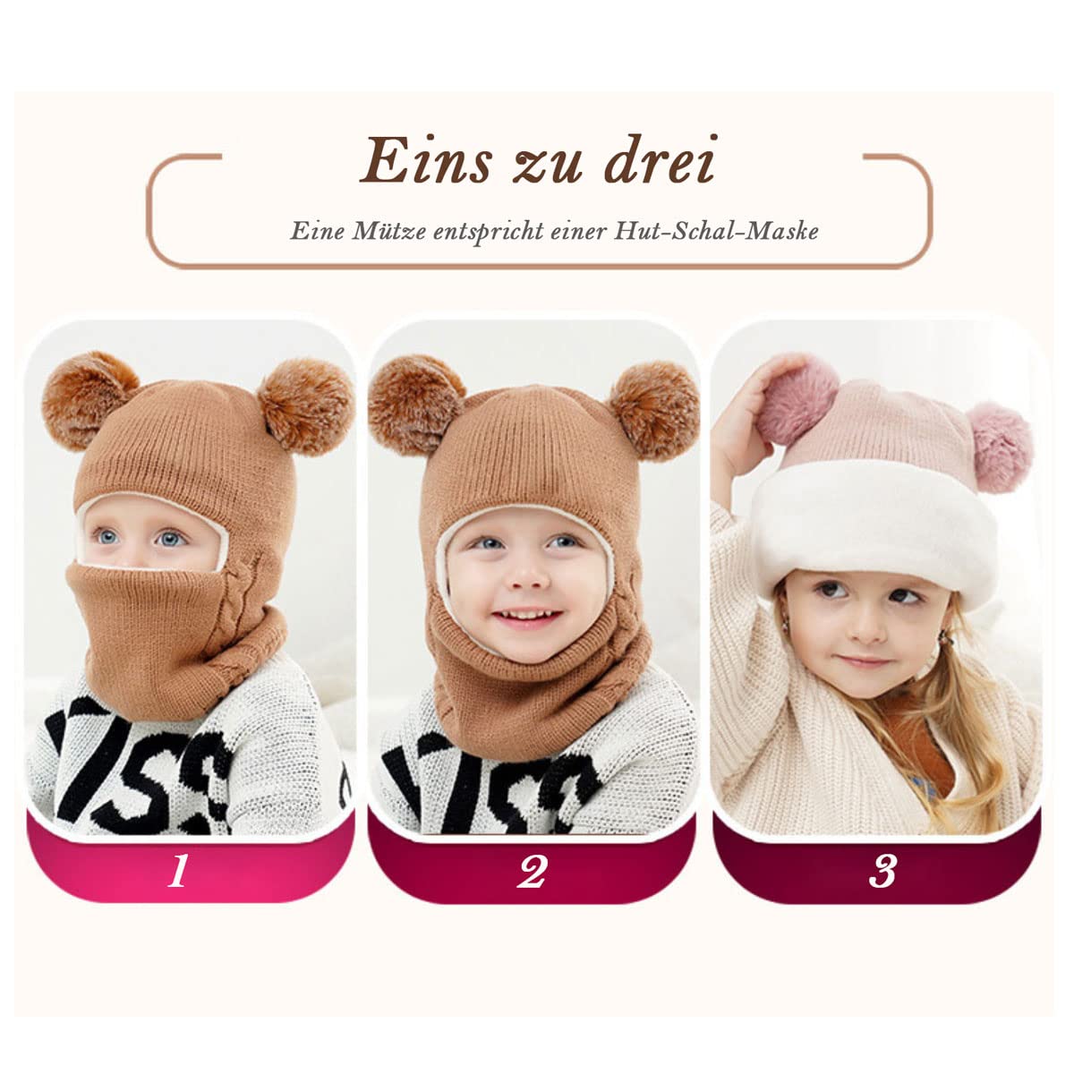 Kinder Schlupfmütze Schalmützen Sturmhaube Balaclava für Mädchen ab 3 Jahre Fleece Wollmütze Strickmütze Wintermütze Mädchen