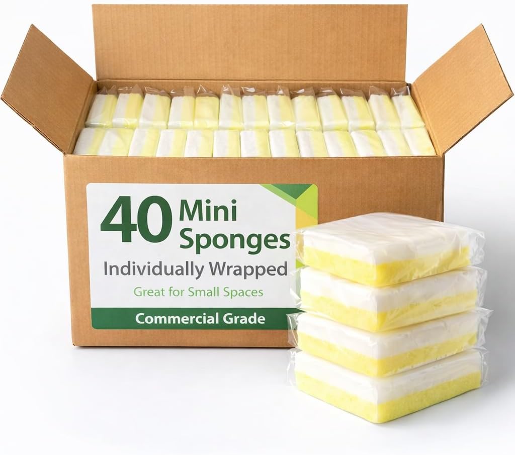 Mini Dish Sponges, White & Yellow – Half Size Light Duty Cleaning Sponges, Individually Wrapped, Non-Scratch, Kitchen & Household Use – 40 Count