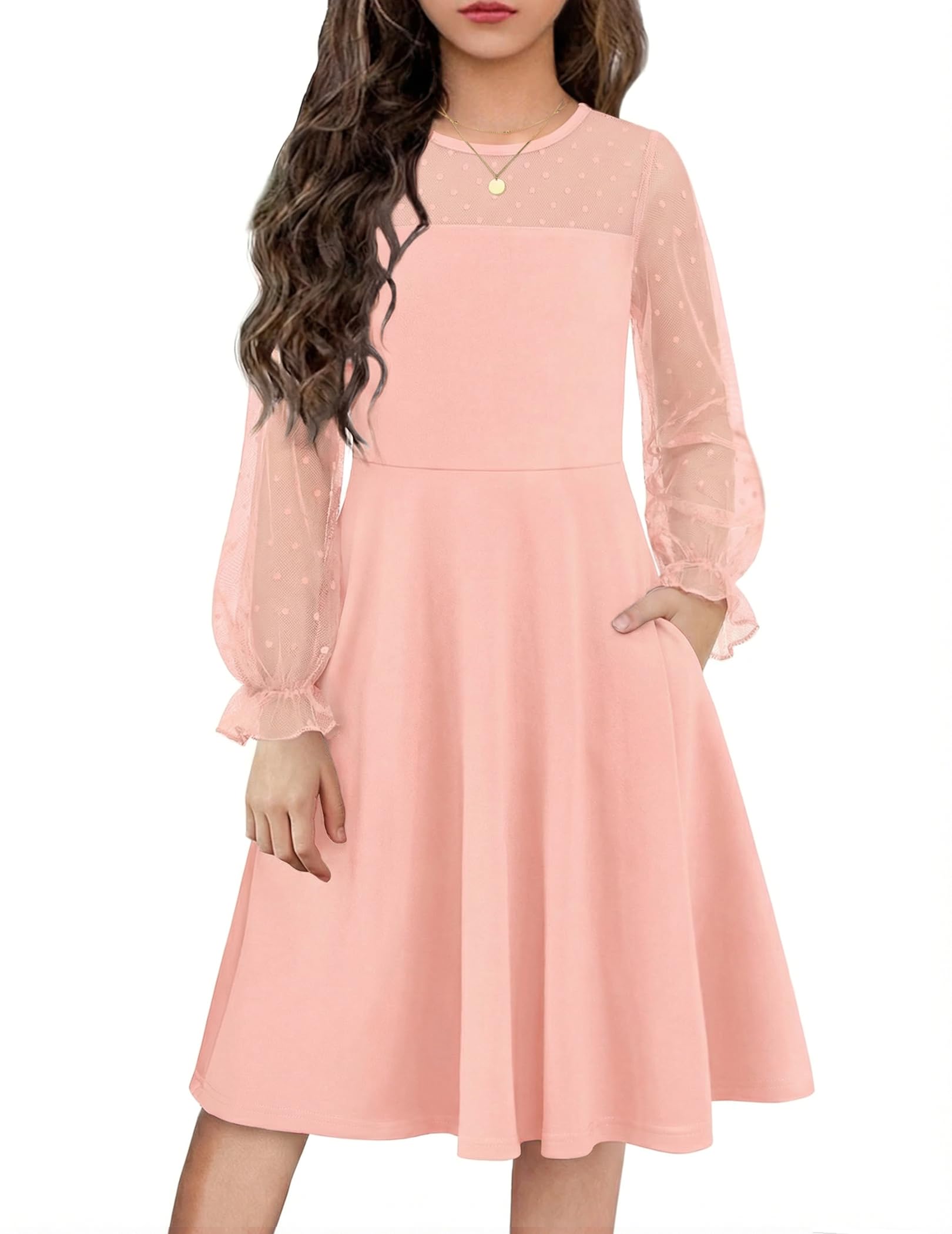 Flypigs Girl's Dress Sheer Mesh Puff Long Sleeve Party Dresses with Pockets
