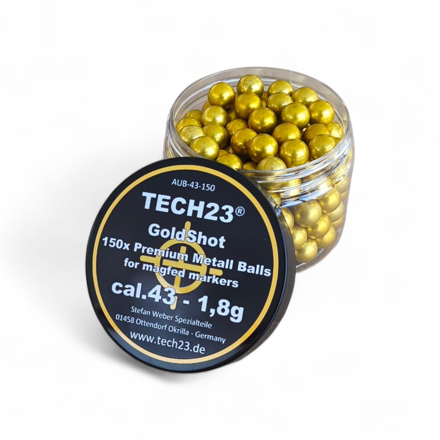 Tech23 GoldShot Cal.43 – 150 Präzisions-Alukugeln (1,8g) – Besser als Stahlkugeln - für T4E Glock 17, Walther PDP, PPQ M2, SFP9 – Harteloxierte Spezial-Kugeln für Kaliber 43
