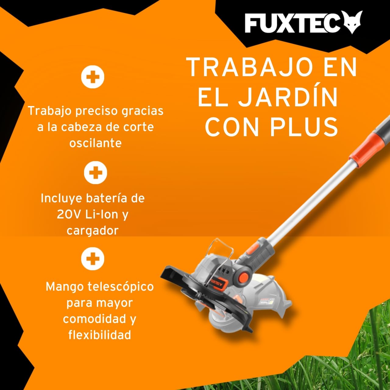 Desbrozadora - Recortadora a batería 20V FUXTEC FX-E1RT20 - Set con batería de Iones de Litio de 2Ah y Cargador de 1A - Ancho de Corte de 25 cm