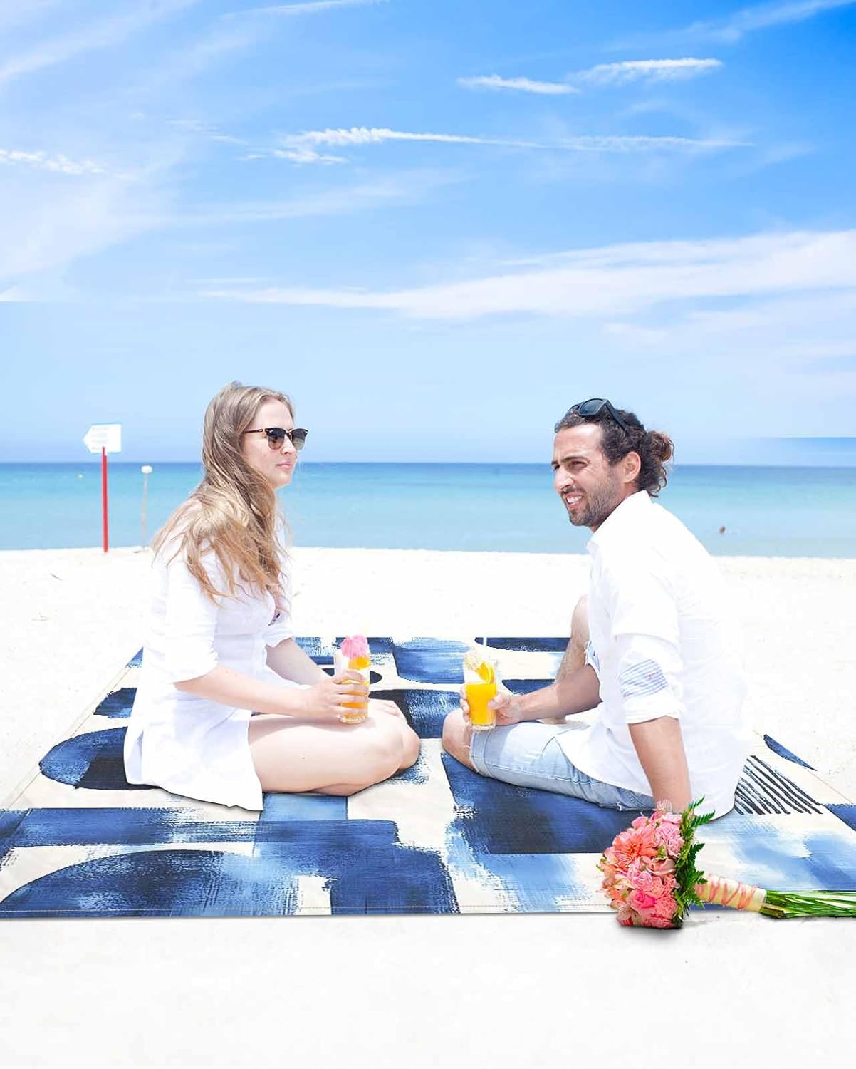 Abstract Blue Gradient Geometric Pattern Beach Blanket Extra Large 95x80in Outdoor Waterproof Sandproof Picnic Blankets with Stakes Lightweight Beach Mat for Camping Travel Hiking,Modern Color Block