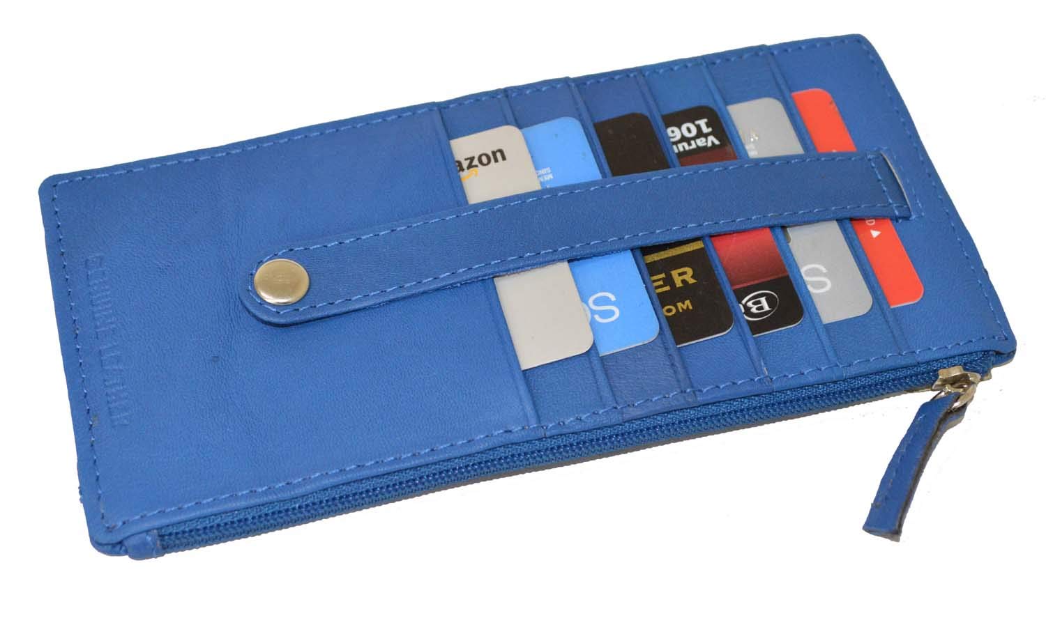 Leatherboss Genuine Leather Women's All in One Credit Business Card Case Holder Slim Zipper Wallet With a Card Protection Strap, Royal Blue