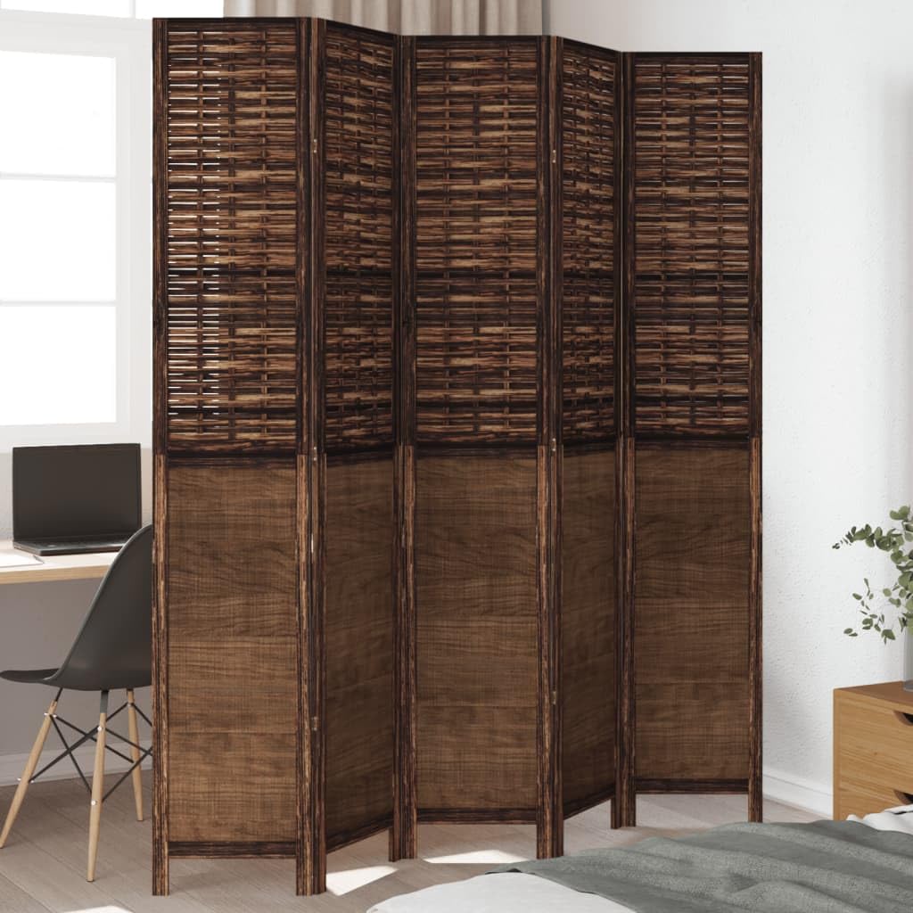 Divisorio 5 Pannelli in Legno e Bambù Marrone 180x220 cm | Separé pieghevole e autoportante ideale per camera da letto, soggiorno e ufficio. Design rustico effetto bruciato.
