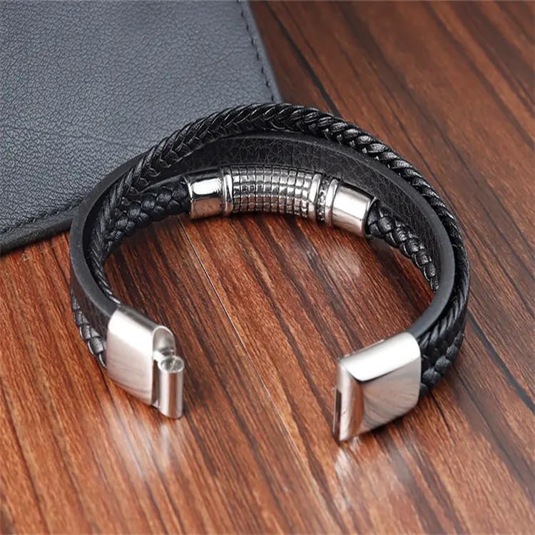 Image of THE MEN THING Leather Bracelet for Men - American Style Genuine Leather Multi-Layer Braided Bracelet with 100% Stainless Steel Magnetic Buckle for Men & Boys (8 inch)
