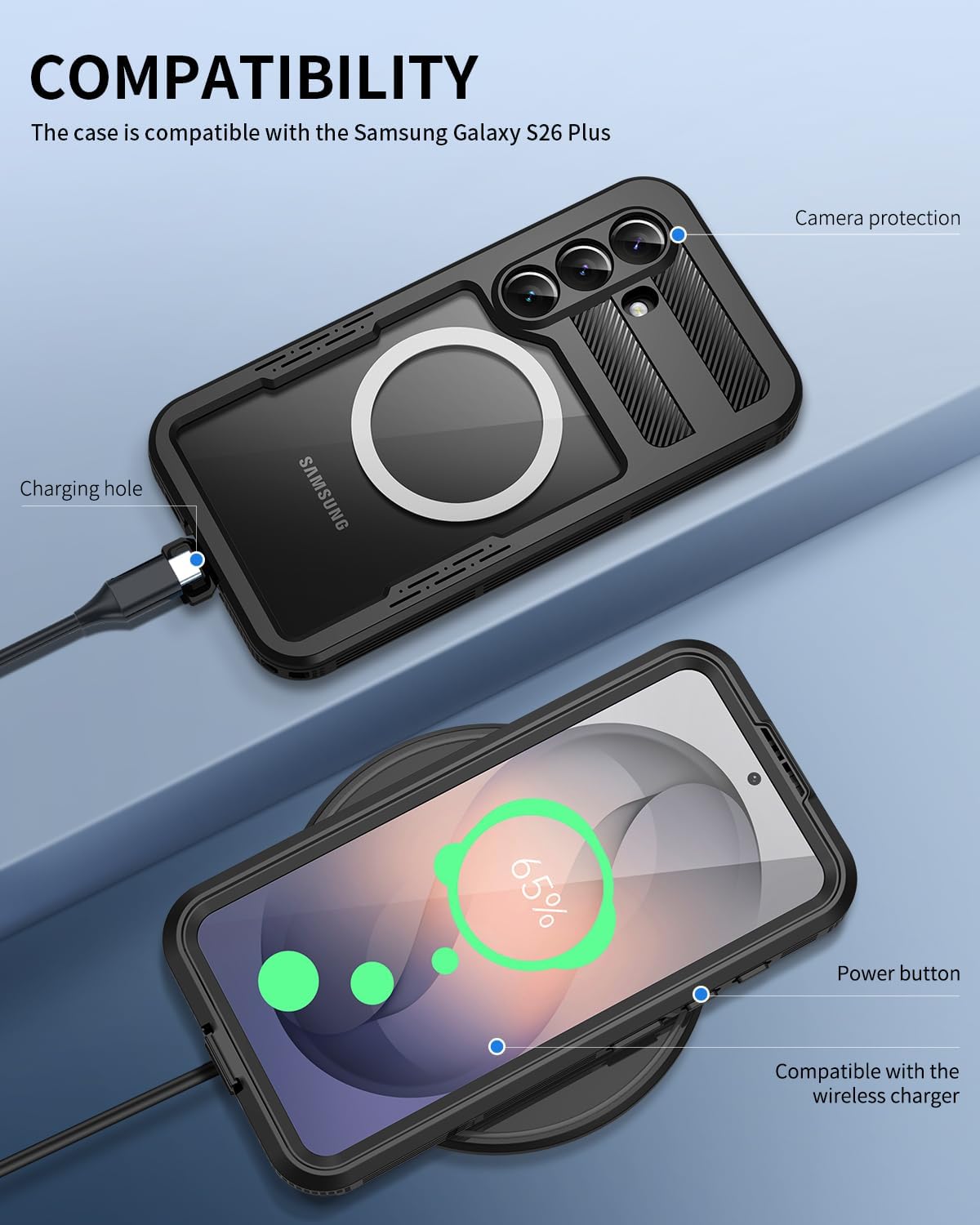 Lanhiem Magnetic for Samsung Galaxy S26+ Plus Case, IP68 Waterproof Dustproof Case, [Compatible with Magsafe] [Built-in Screen Protector] Full Body Heavy Duty Rugged Phone Cover 6.7 inch, Black/Clear