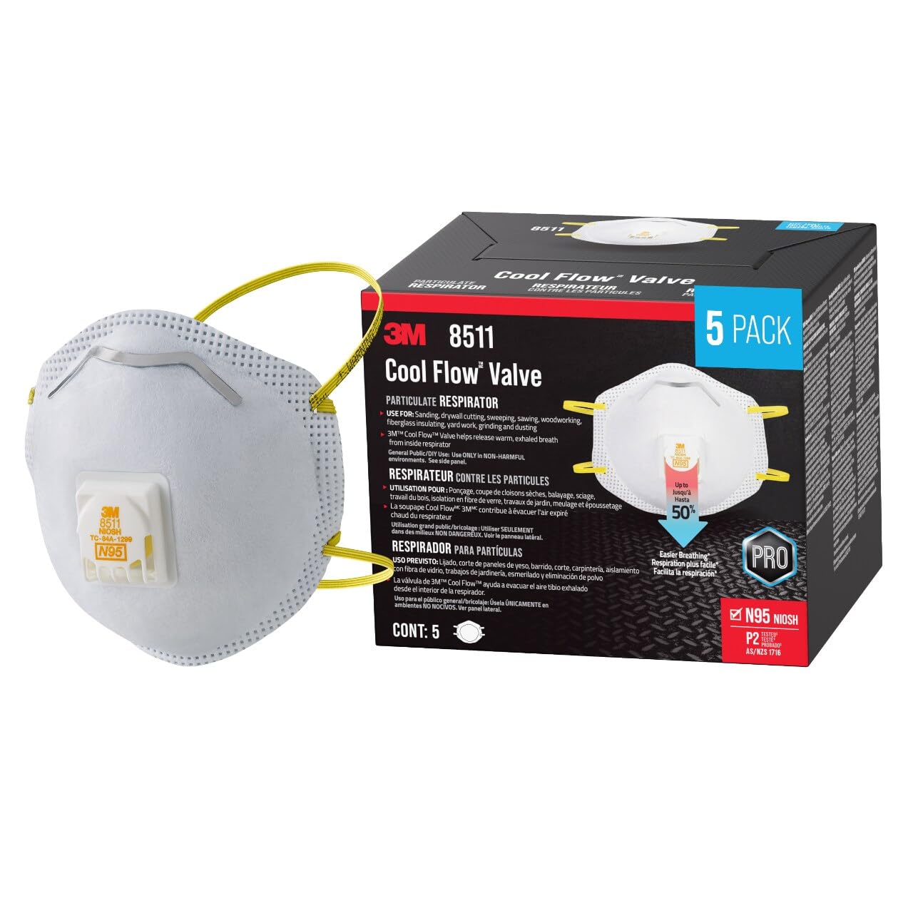 3M 8511 Sanding And Fiberglass N95 Cool Flow Valved Respirator, 5-Pack