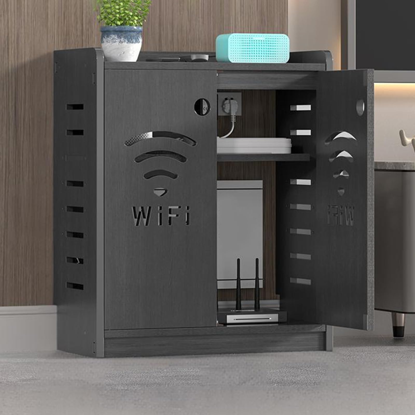 HARELA WLAN-Router-Aufbewahrungsschrank, Stand-Router-Aufbewahrungsbox Modem, Steckdosenleiste und Kabelmanagement-Organizer für Zuhause und Büro(Gray,50x60x25cm)