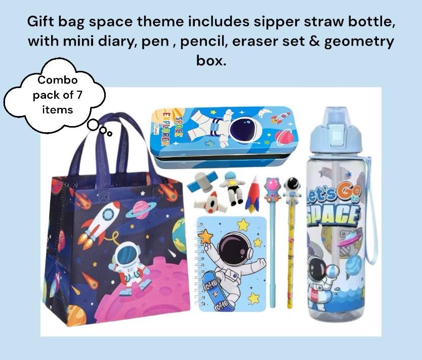 Image of Le Delite Space Astronaut Theme Stationery Gift Set - 7-Piece Combo with Diary, Pencil Box, Eraser, Pen, Pencil,Astronaut Display sipper Water Bottle & Gift Bag for Kids (Multicolor Combo)