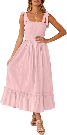 ZESICA Women's 2023 Summer Boho Spaghetti Strap Square Neck Solid Color Ruffle A Line Beach Long Maxi Dress