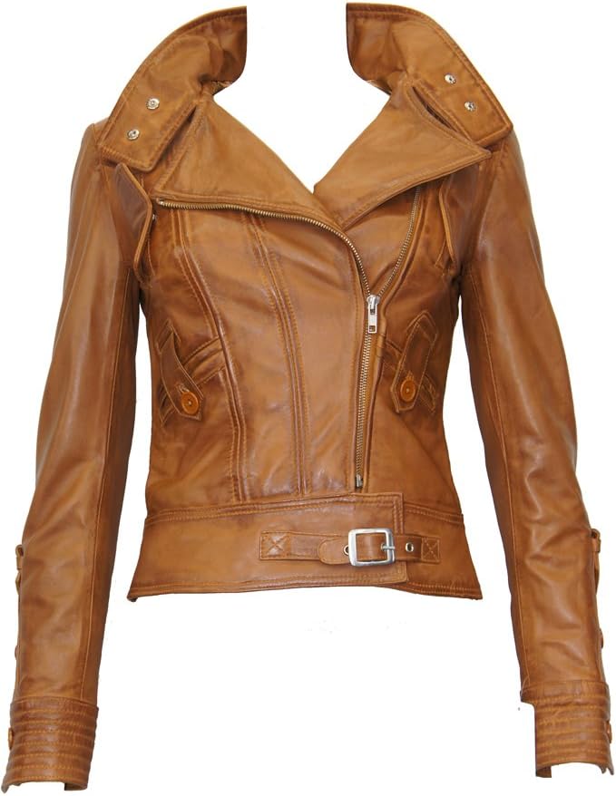 Perth Tan Ladies Woman's Classic Retro Designer Real Soft Sheep Nappa Real Lambskin Leather Jacket