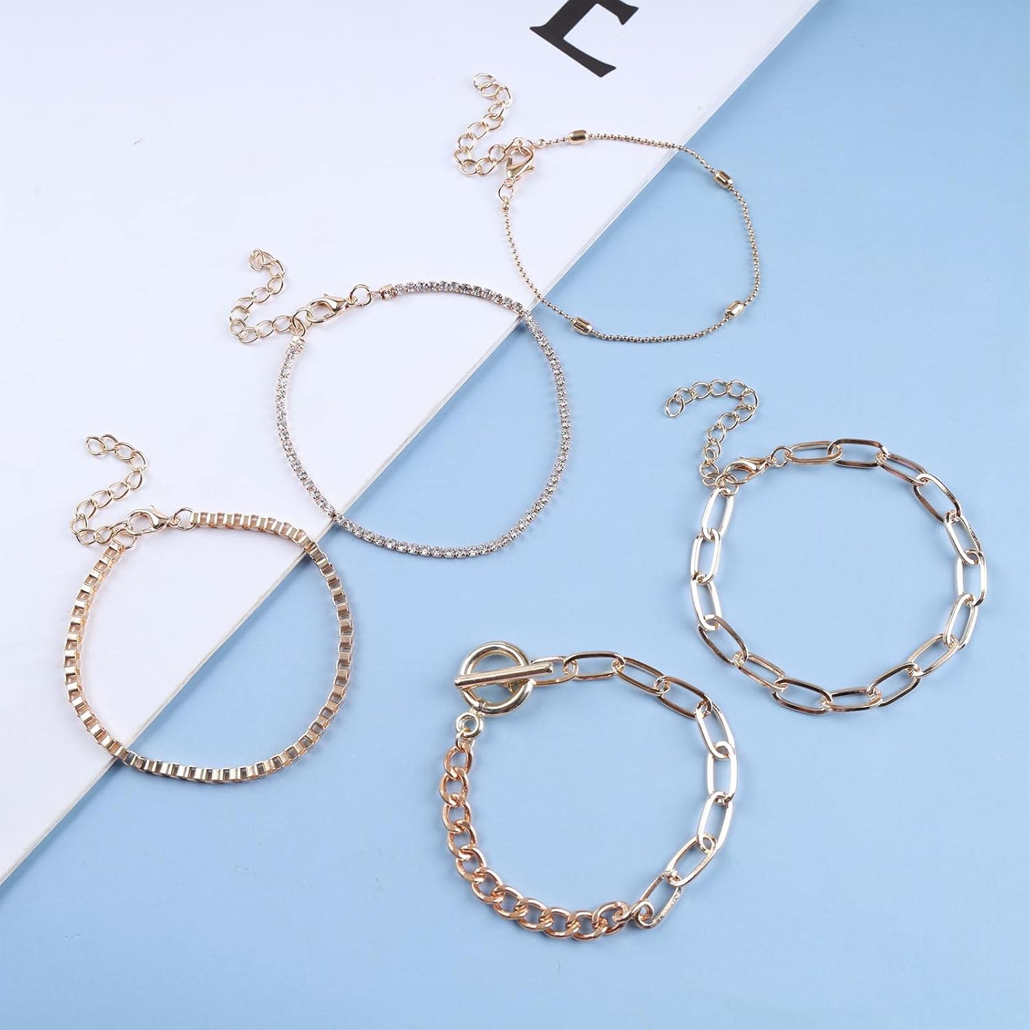 Andelaisi Boho Crystal Tennis Bracelet Layered Cuban Chain Bracelet Vintage Chunky Link Chain Bracelet Punk Paperclip Toggle Bar Bracelet Jewelry for Women - Image 4