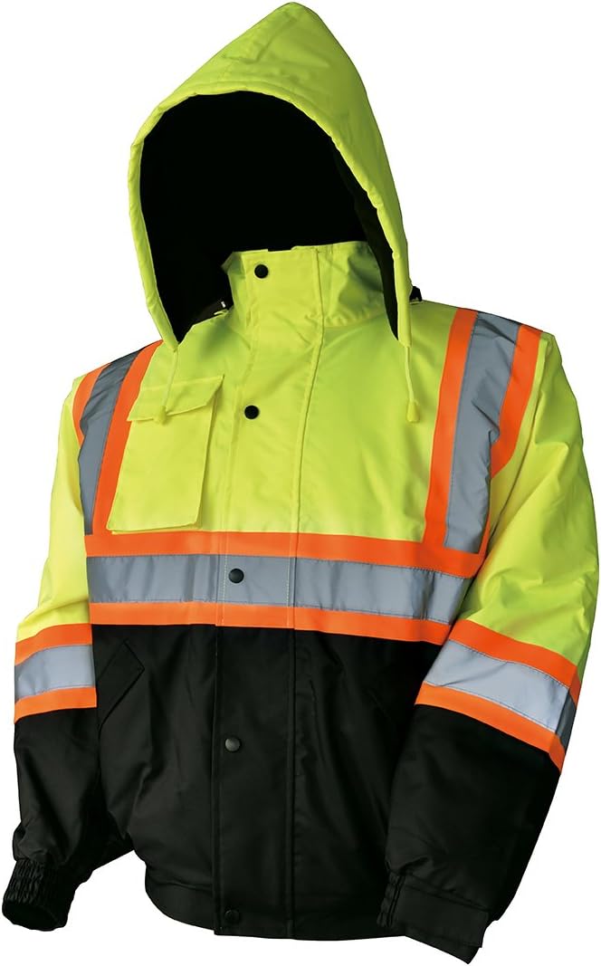 LM High Visibility Class III Reflective Waterproof Bomber Jacket W/Removable Hood (XL, Lime)