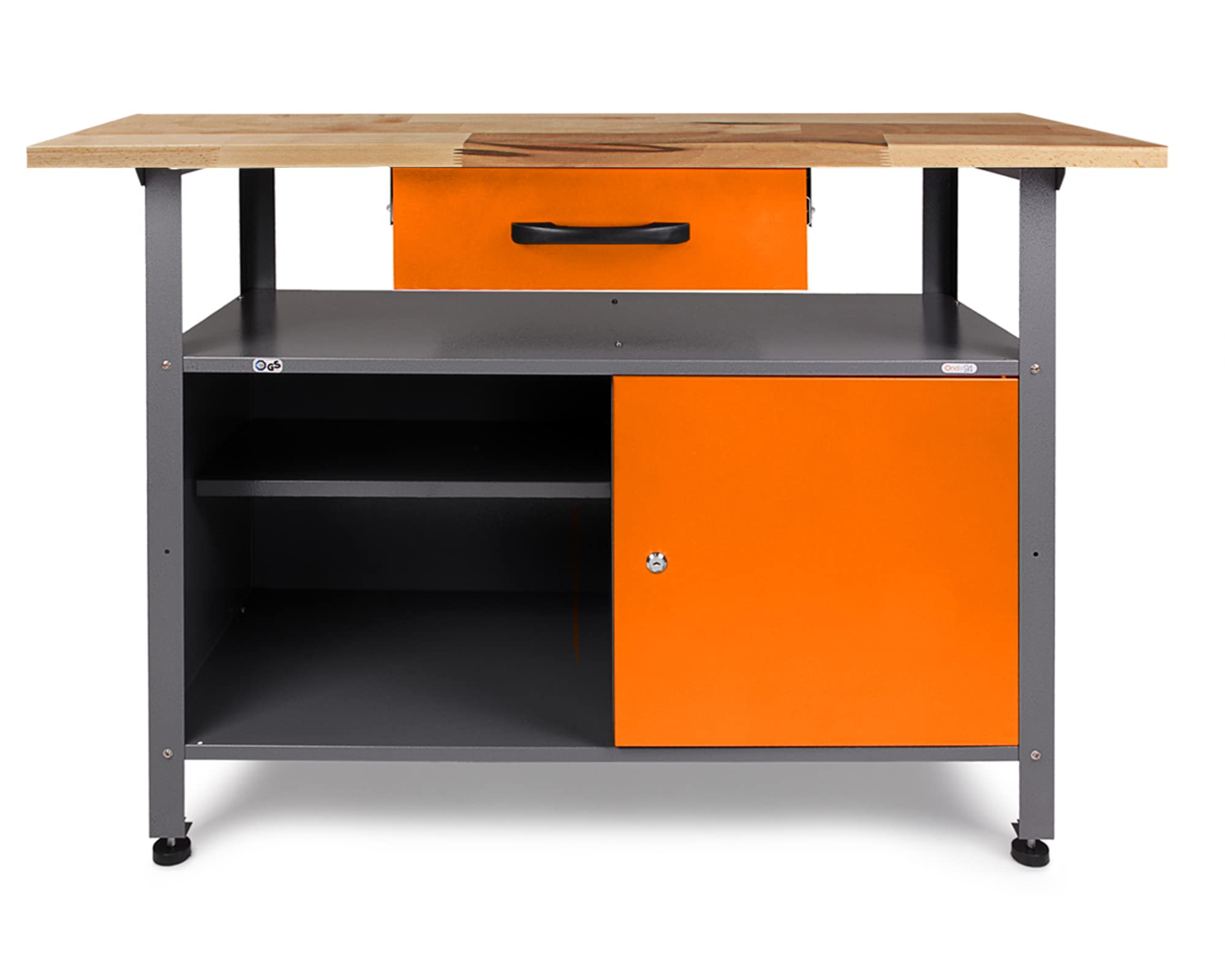 Ondis24 Werkstatt Set Ecklösung One, Werkbank, 120 + 60 cm Buchenholzarbeitsplatte, Werkzeugwand Lochwand, Haken Set, Metall (Arbeitshöhe 85cm, orange)