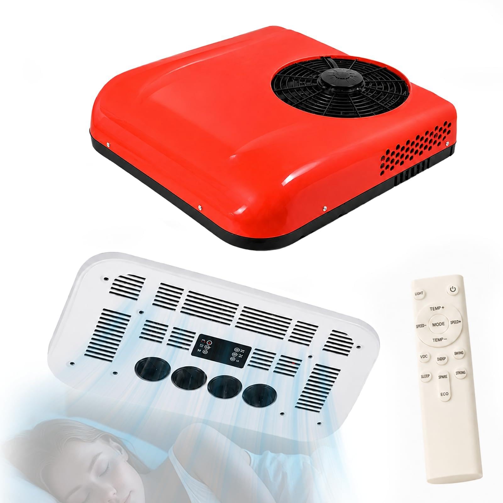 HCAUYNN Roof Mounted Air Conditioner for Caravan & Campervan, 12V/24V Motorhome Cooling, Quiet Rooftop AC with Remote Control 24V-Red