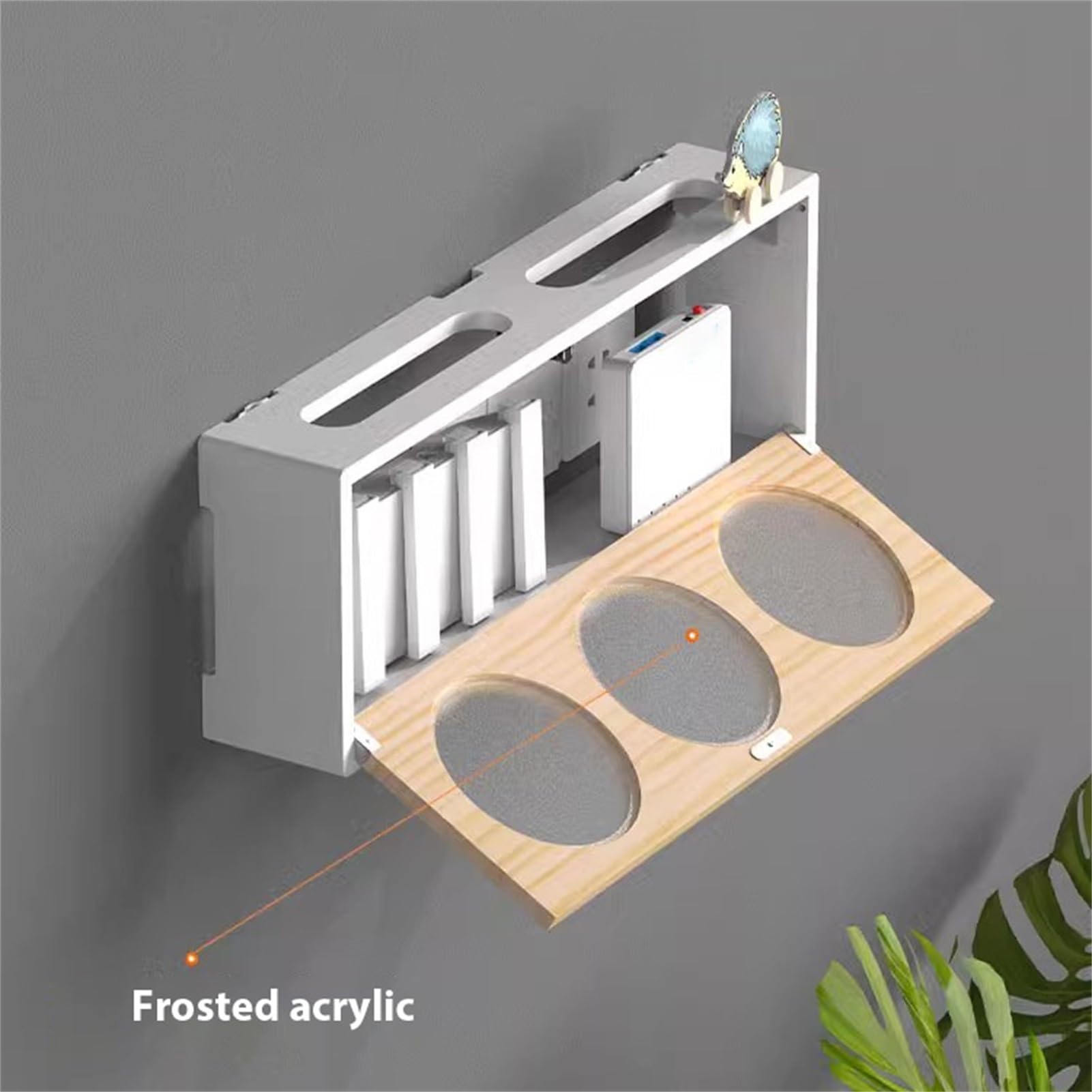 Generico Scatola portaoggetti in Legno per Router WiFi - Supporto Organizer da Parete con sportello in Acrilico Satinato per Console multimediale, Dvd, decoder, Telecomando - Elegante Decorazione BIA