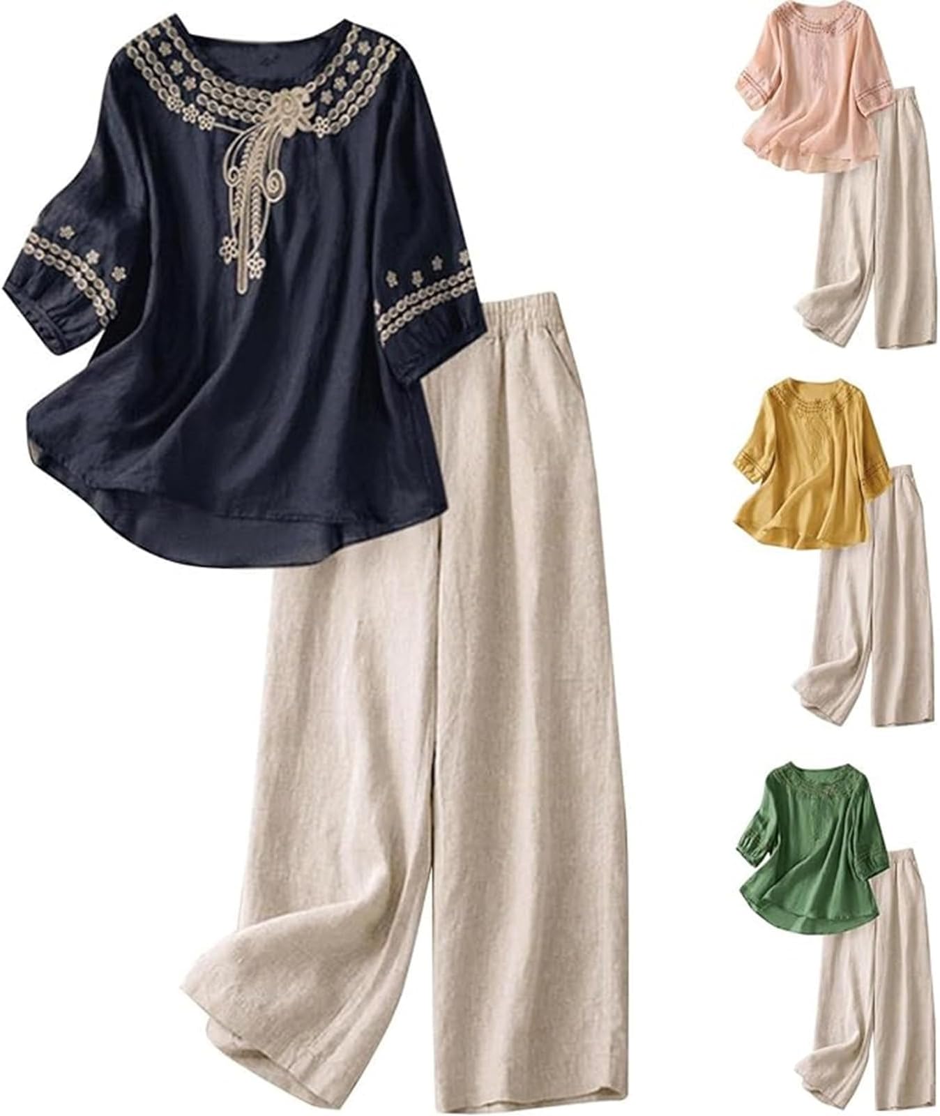 2 Piece Linen Sets for Women Summer Travel Holiday Lounge Outfits Loose Casual 3/4 Sleeve Shirts Wide Leg Pants Set