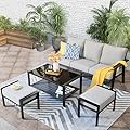 HOOOWOOO Outdoor Patio Furniture Set 4 Pieces Modern 3-Seat Sofa with Ottoman Coffee Table Wicker Patio Conversation Set Bistro Set for All Weather,Beige Cushion