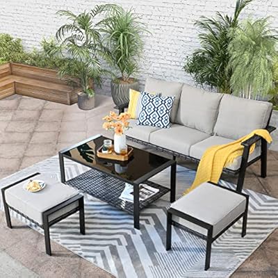 HOOOWOOO Outdoor Patio Furniture Set 4 Pieces Modern 3-Seat Sofa with Ottoman Coffee Table Wicker Patio Conversation Set Bistro Set for All Weather,Beige Cushion