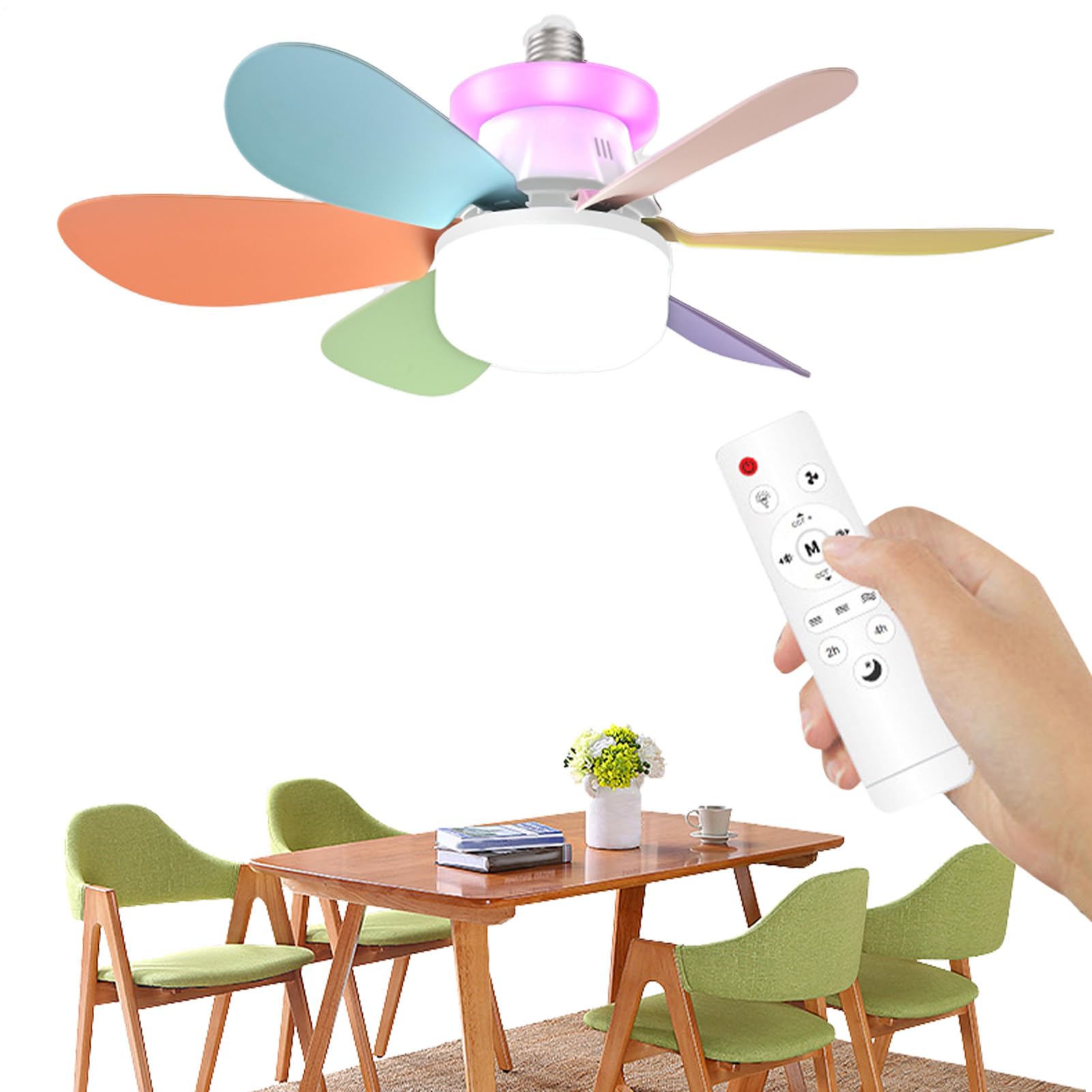 Ceiling Fan with LED Light, RGB Ceiling Fan Light, Silent LED RGB Color Changing Ceiling Fan, 3 Speeds E27 Removable Screw Lamp for Bedroom