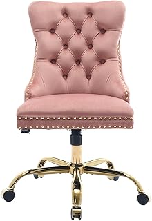 Pink Velvet Home Office Desk Chair with Wheels & Gold Base, Comfy Makeup...