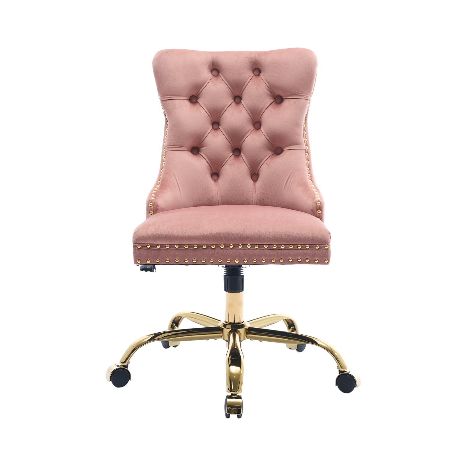 Pink Velvet Home Office Desk Chair with Wheels & Gold Base, Comfy Makeup Vanity Chair with Tufted Back for Women Girls, Upholstered Adjustable Swivel